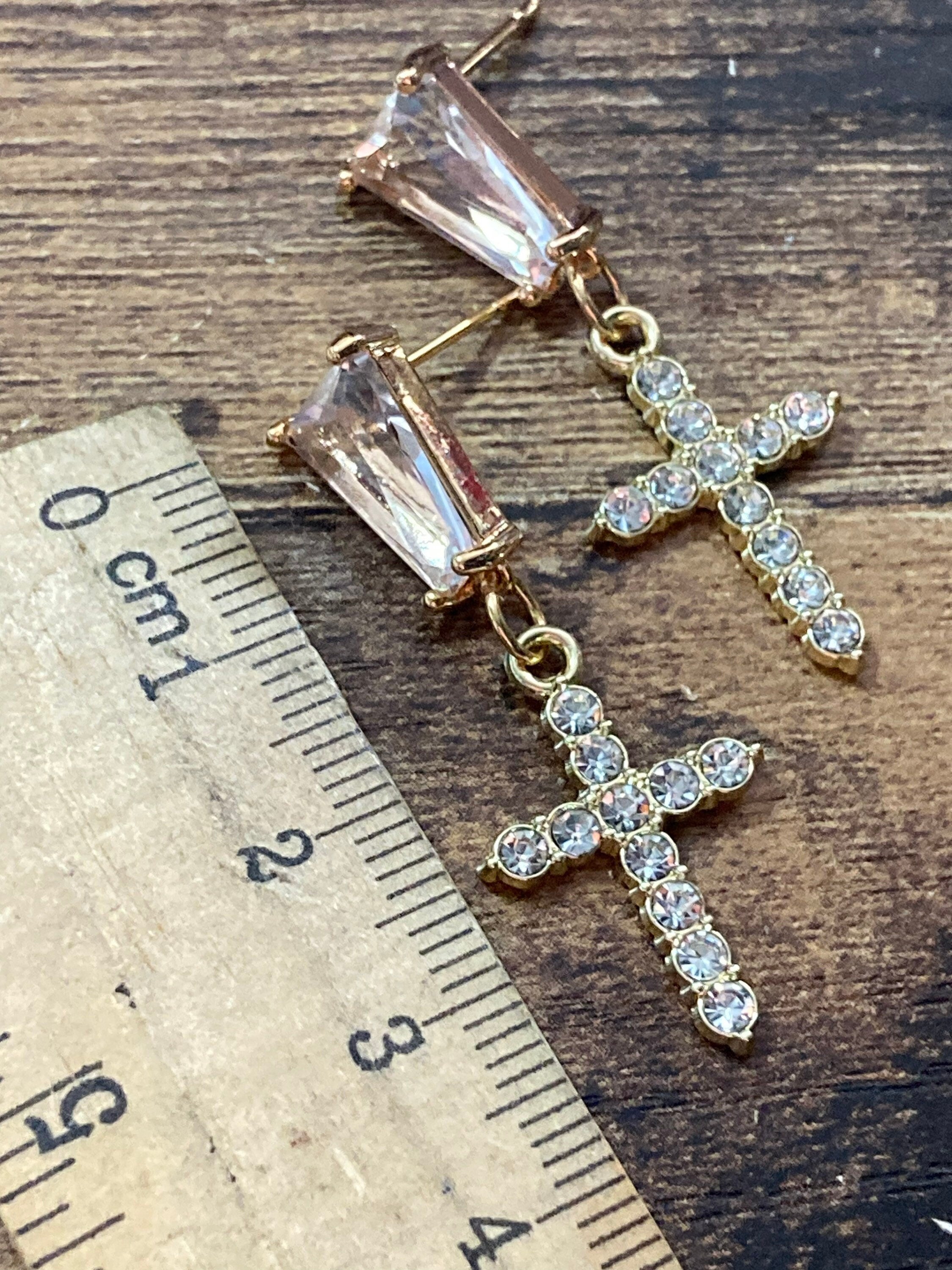 diamanté crystal cross earrings, 18k gold plated clear
