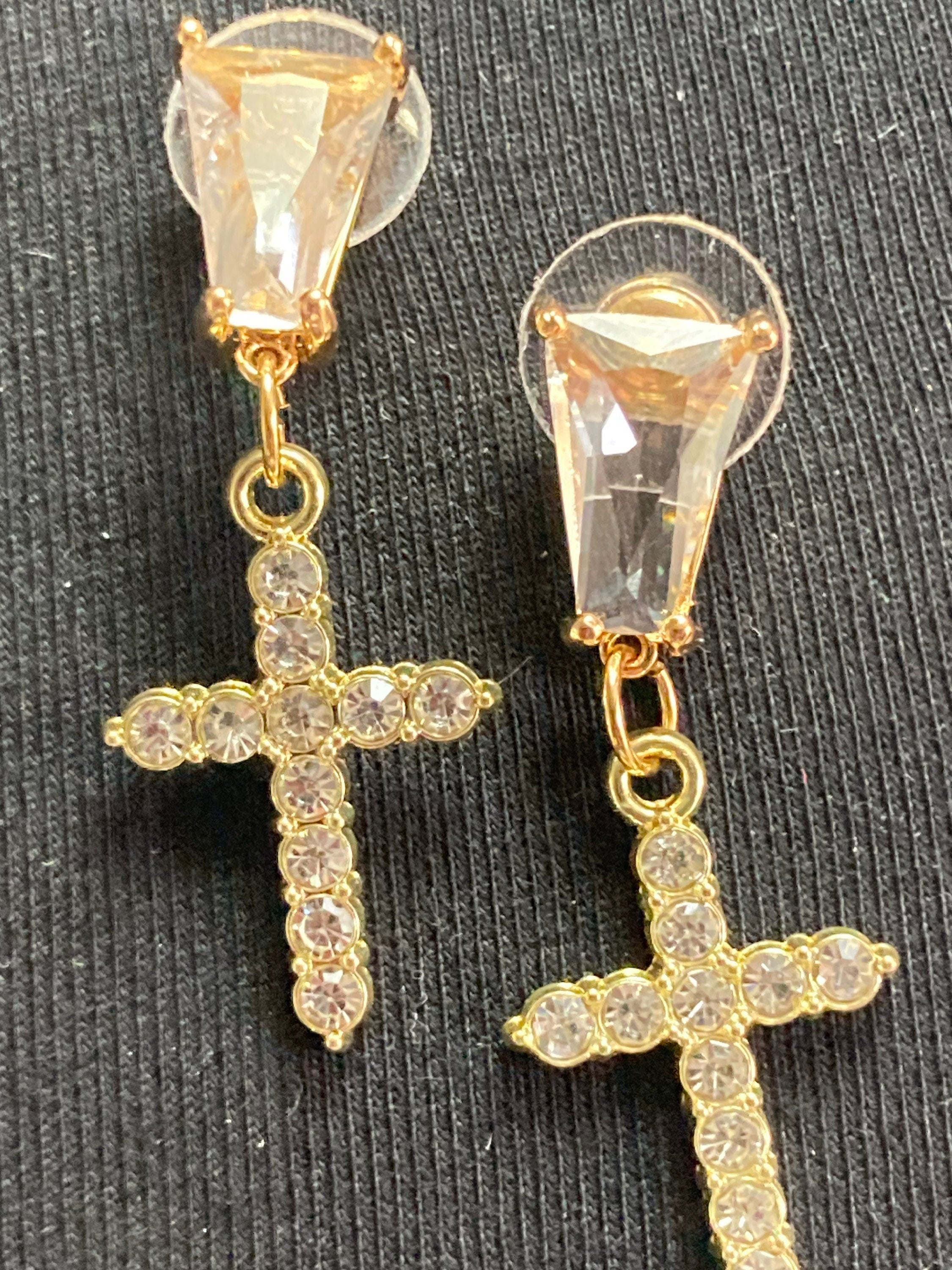 diamanté crystal cross earrings, 18k gold plated clear