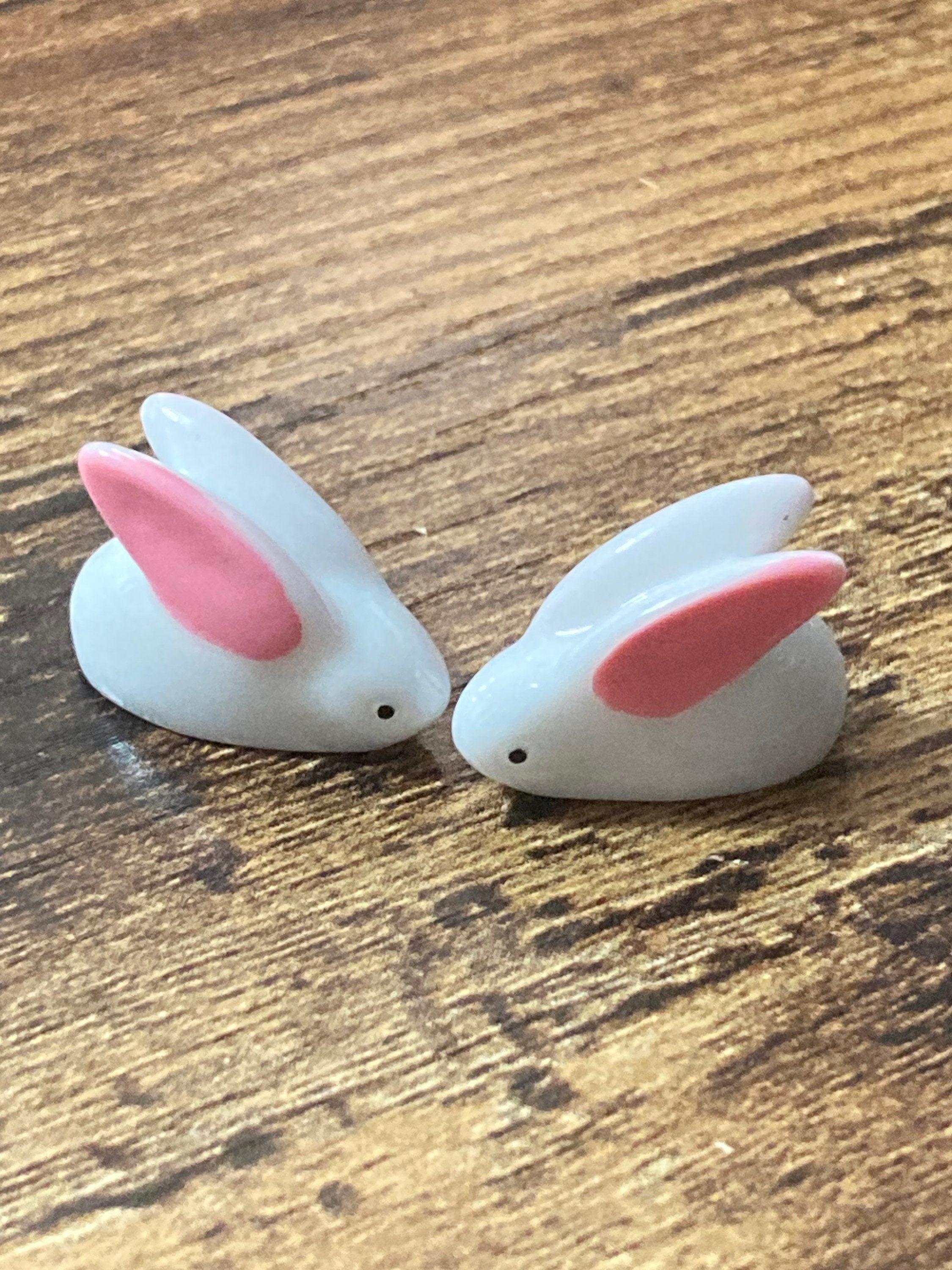 2 x pink white miniature bunny rabbit plastic cake toppers fairy garden decorations