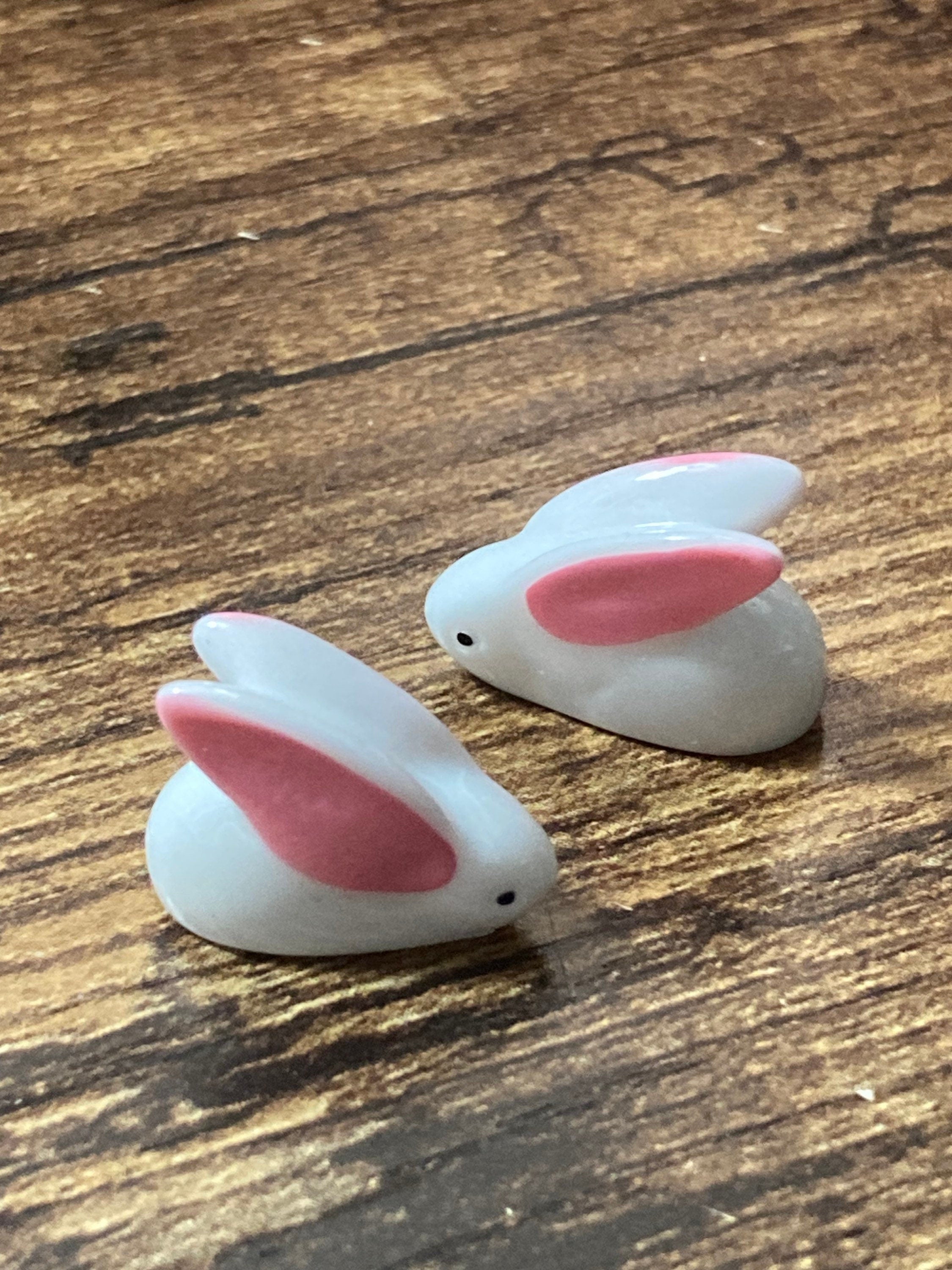 2 x pink white miniature bunny rabbit plastic cake toppers fairy garden decorations