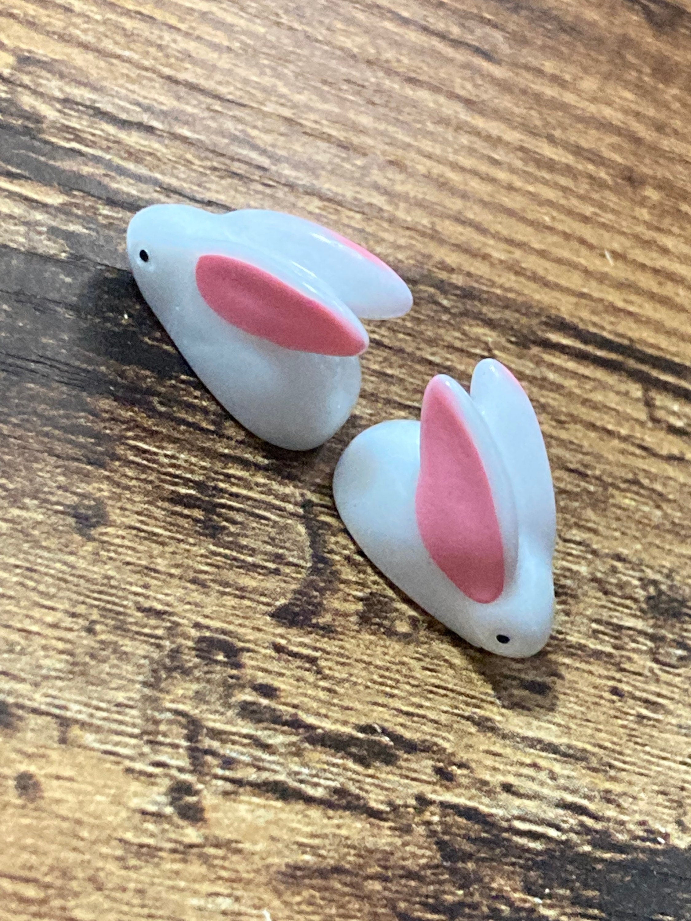 2 x pink white miniature bunny rabbit plastic cake toppers fairy garden decorations