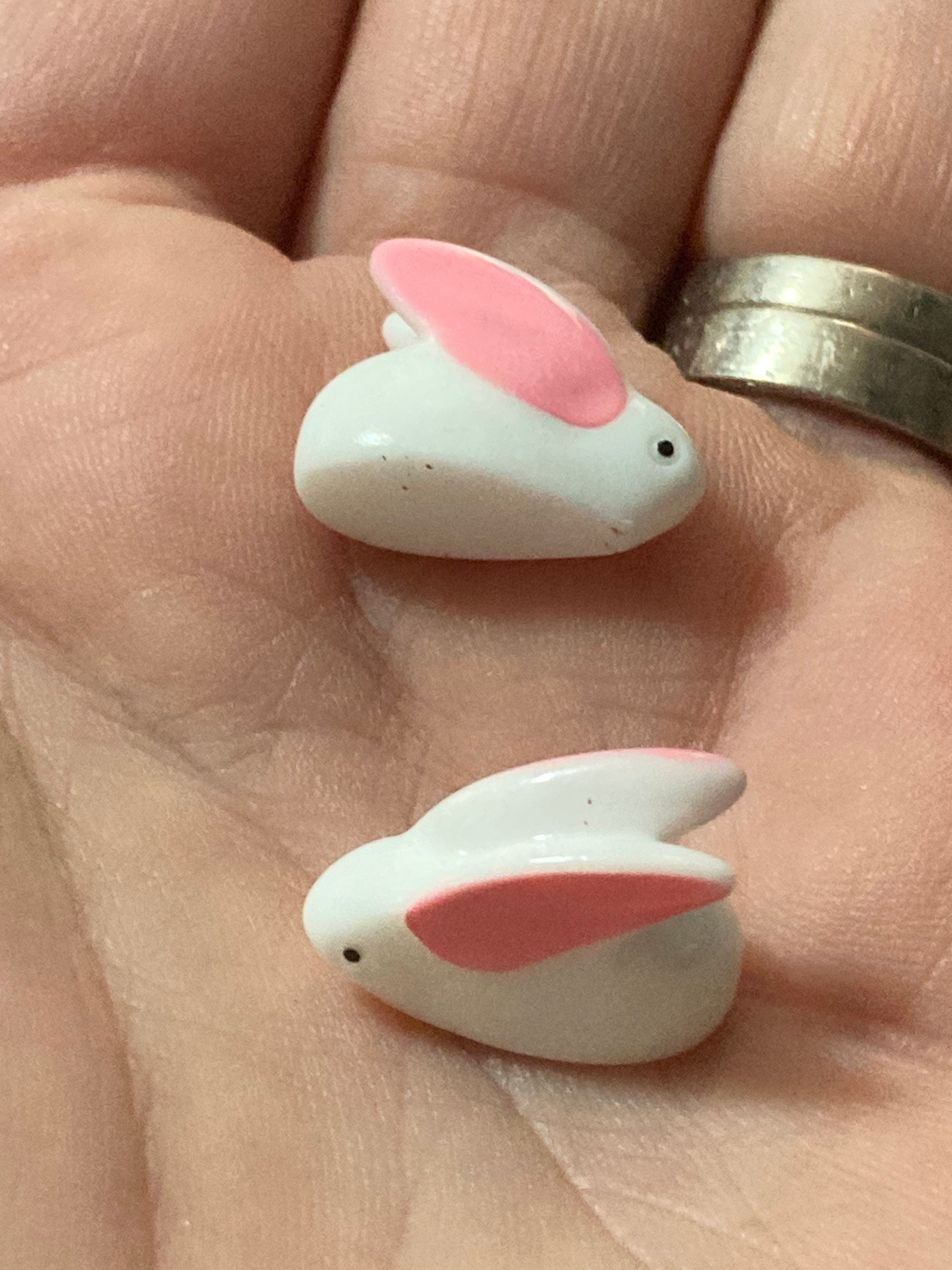 2 x pink white miniature bunny rabbit plastic cake toppers fairy garden decorations