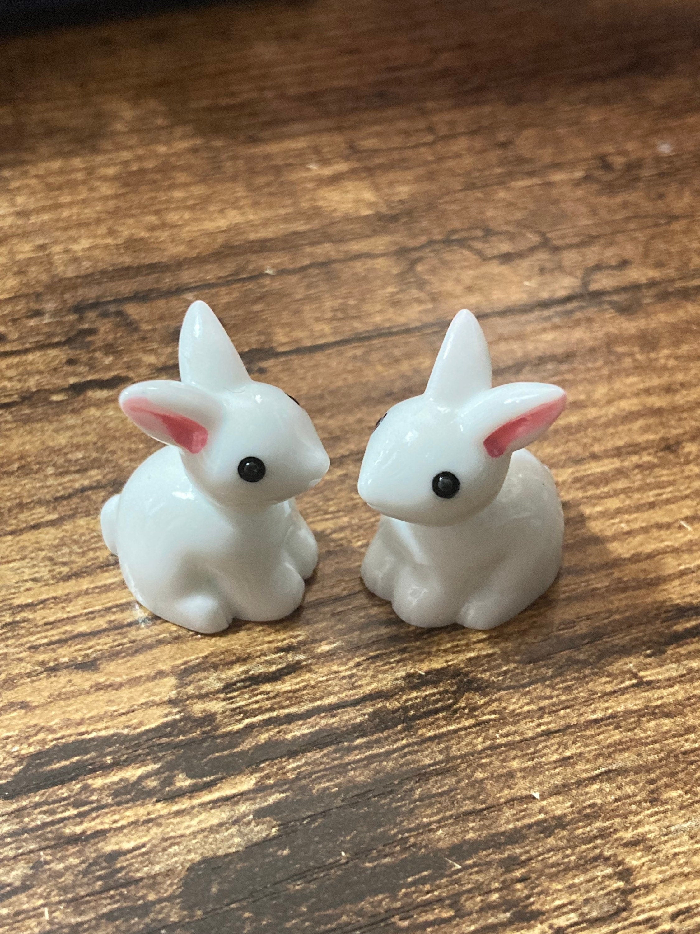 2 x sitting miniature bunny rabbit plastic cake toppers pink white fairy garden decorations