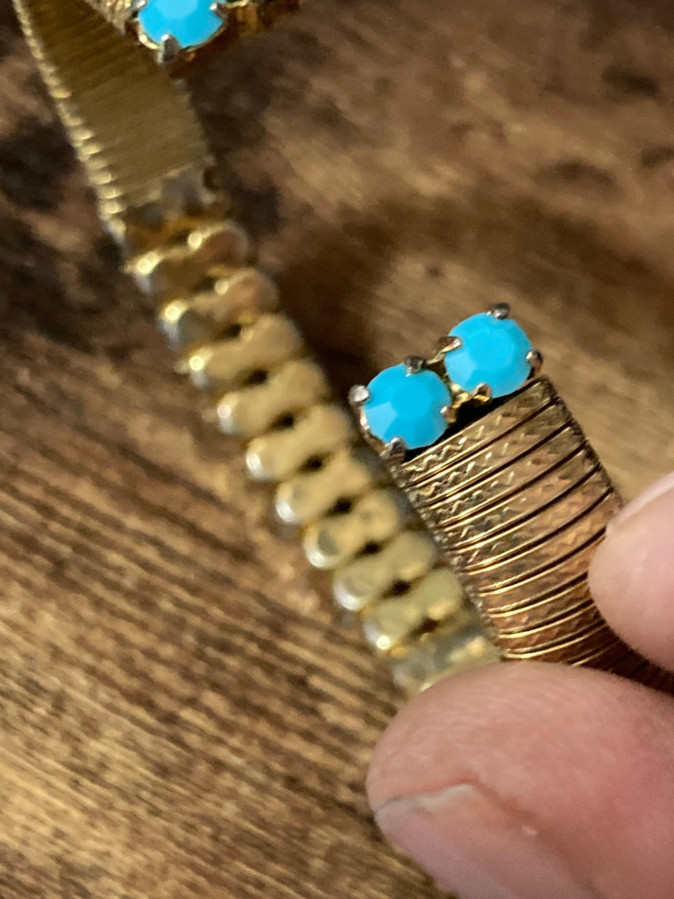 Vintage open ended adjustable fixed flat link gold tone cuff bracelet turquoise paste