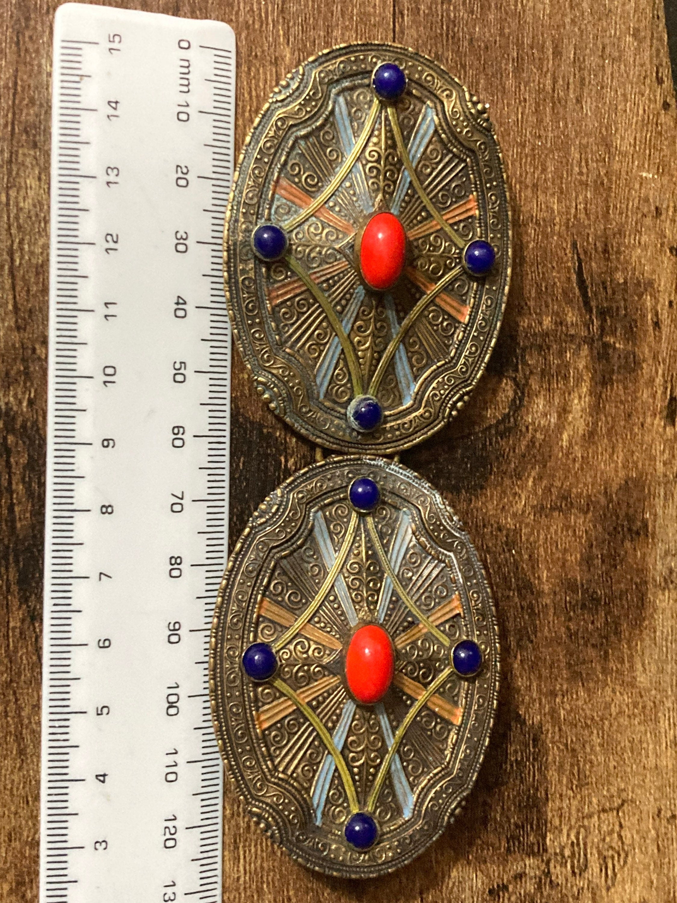 Art Deco Czech Brass Belt Buckle: Blue & Red Glass Stones
