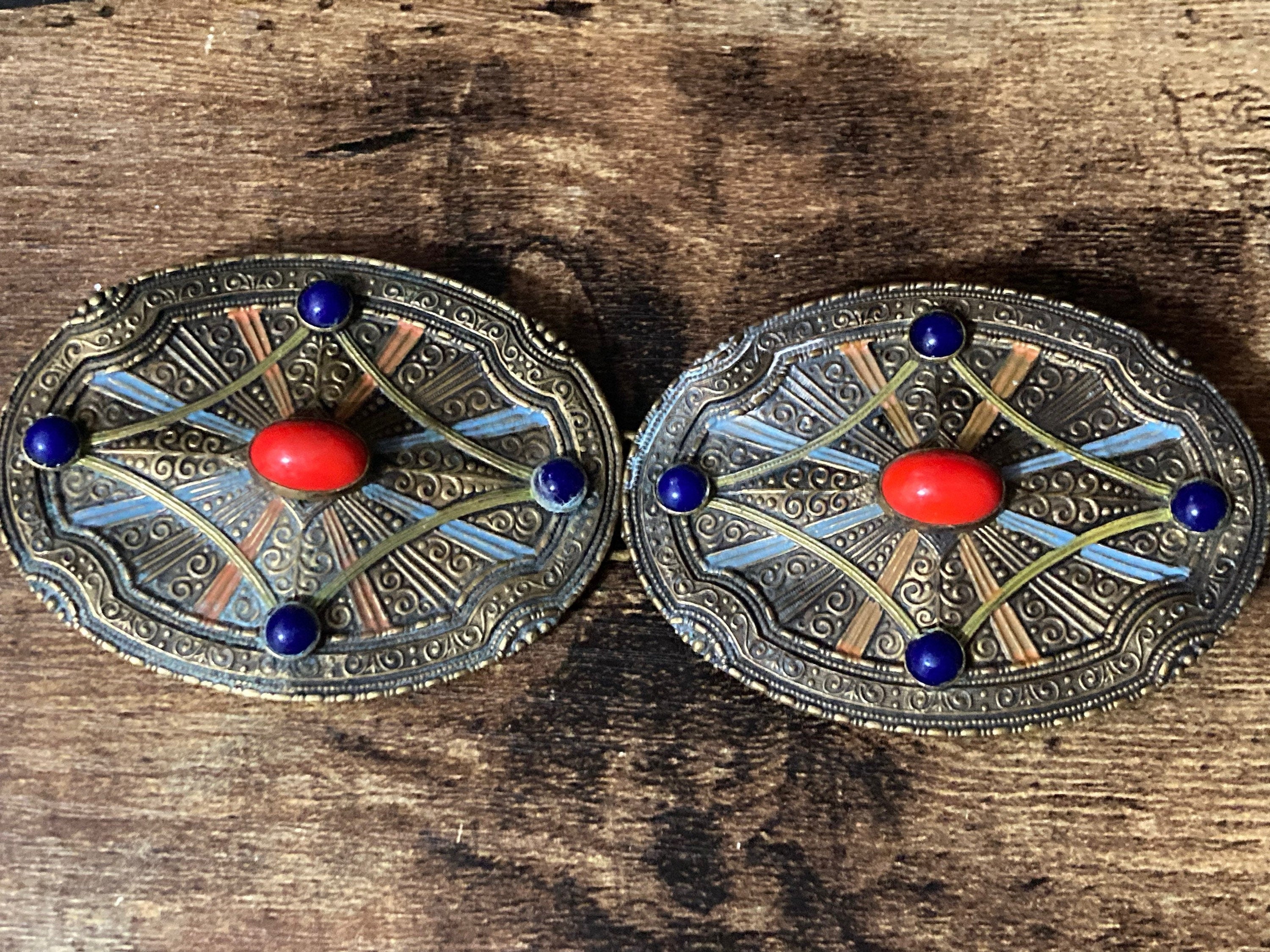 Art Deco Czech Brass Belt Buckle: Blue & Red Glass Stones