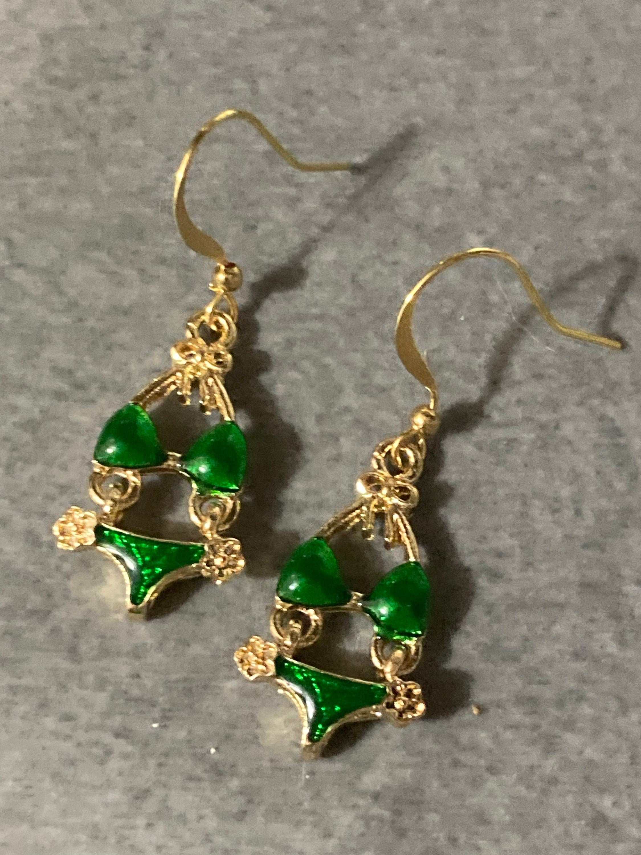 Gold & bright green enamel summer bikini drop earrings