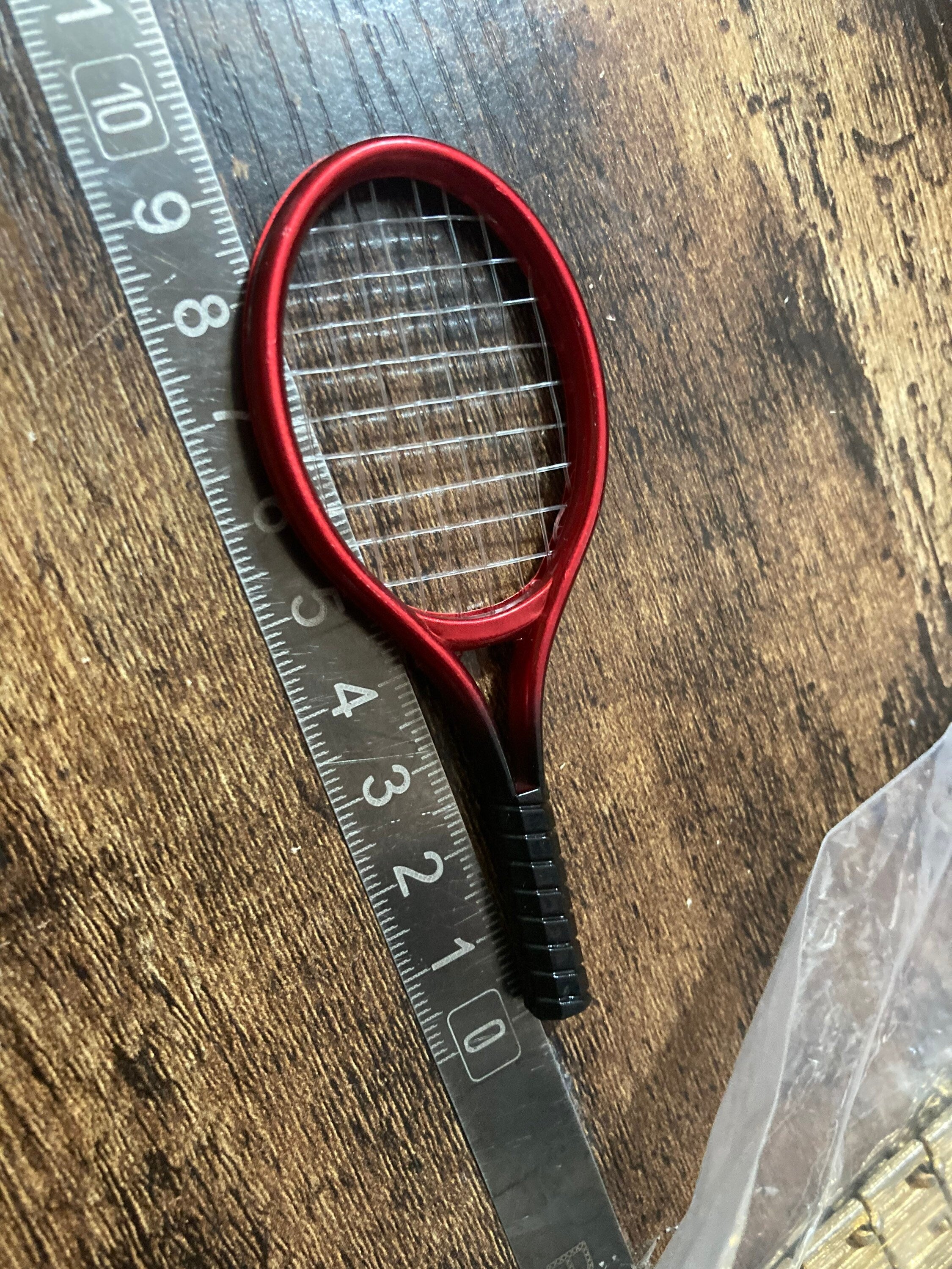 Miniature tennis cake topper decoration, 2 racquets and a ball dolls accessory