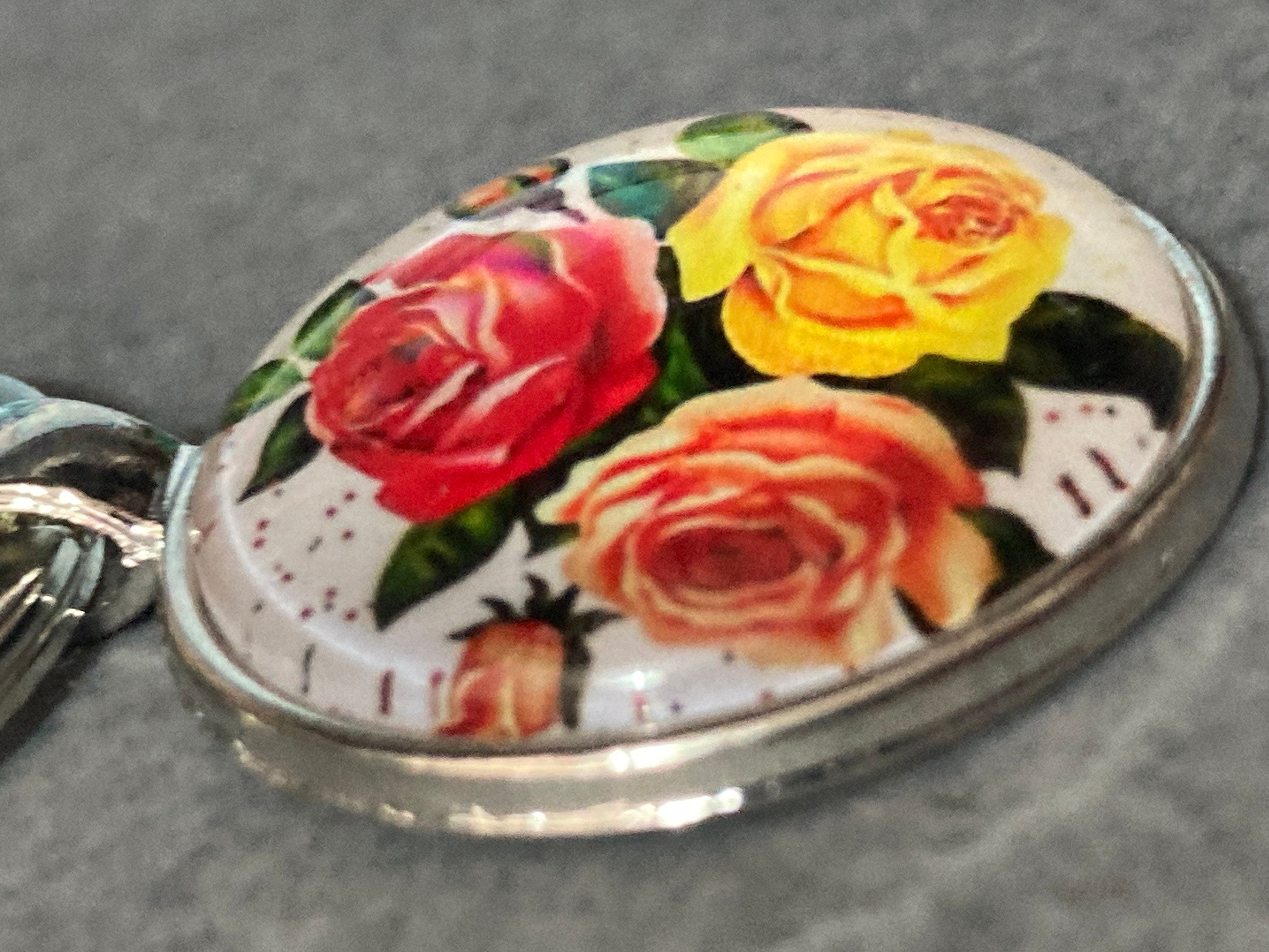 Handmade garden flowers yellow red roses silver tone keyring with 25mm glass cabochon