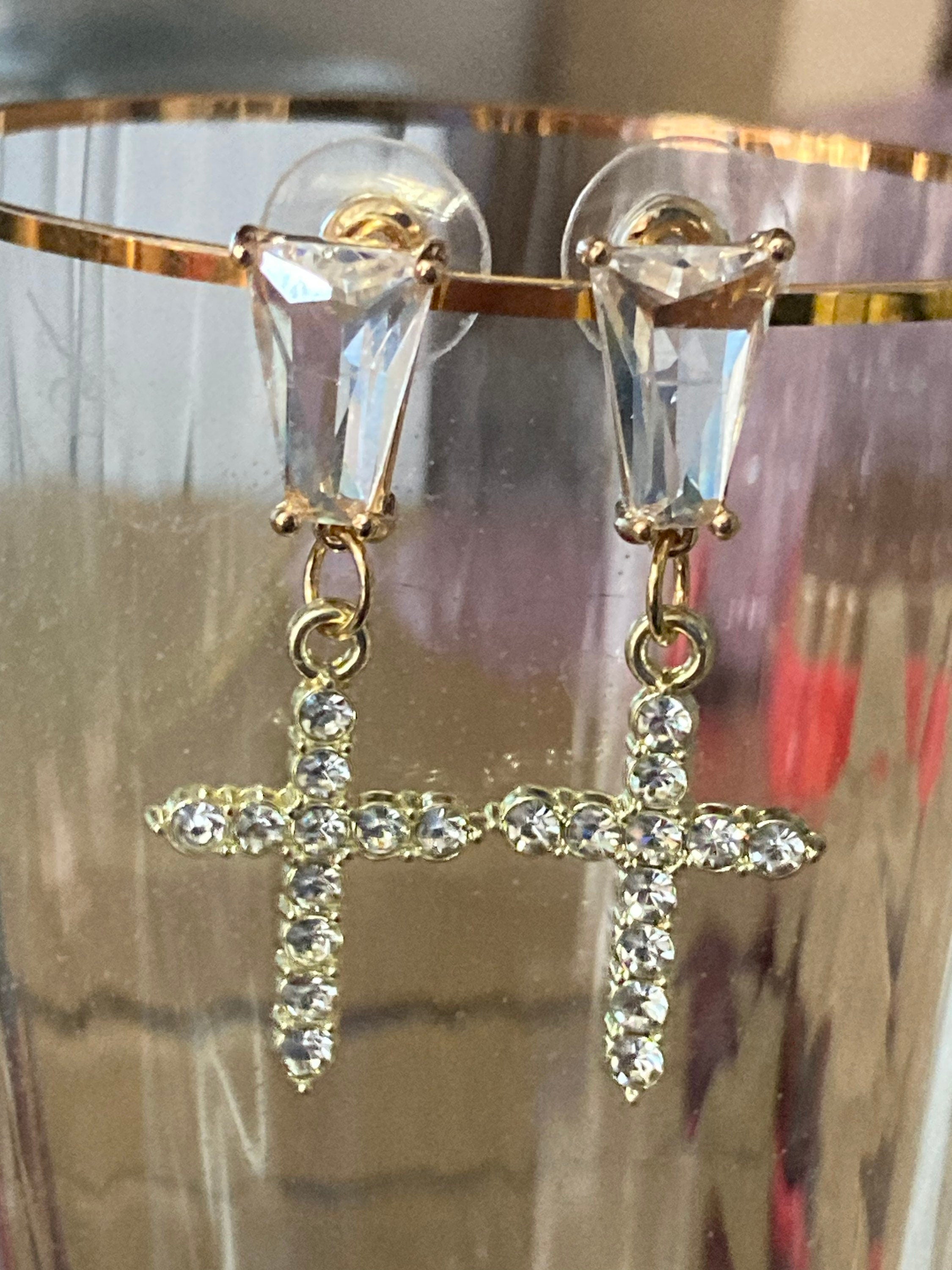 diamanté crystal cross earrings, 18k gold plated clear