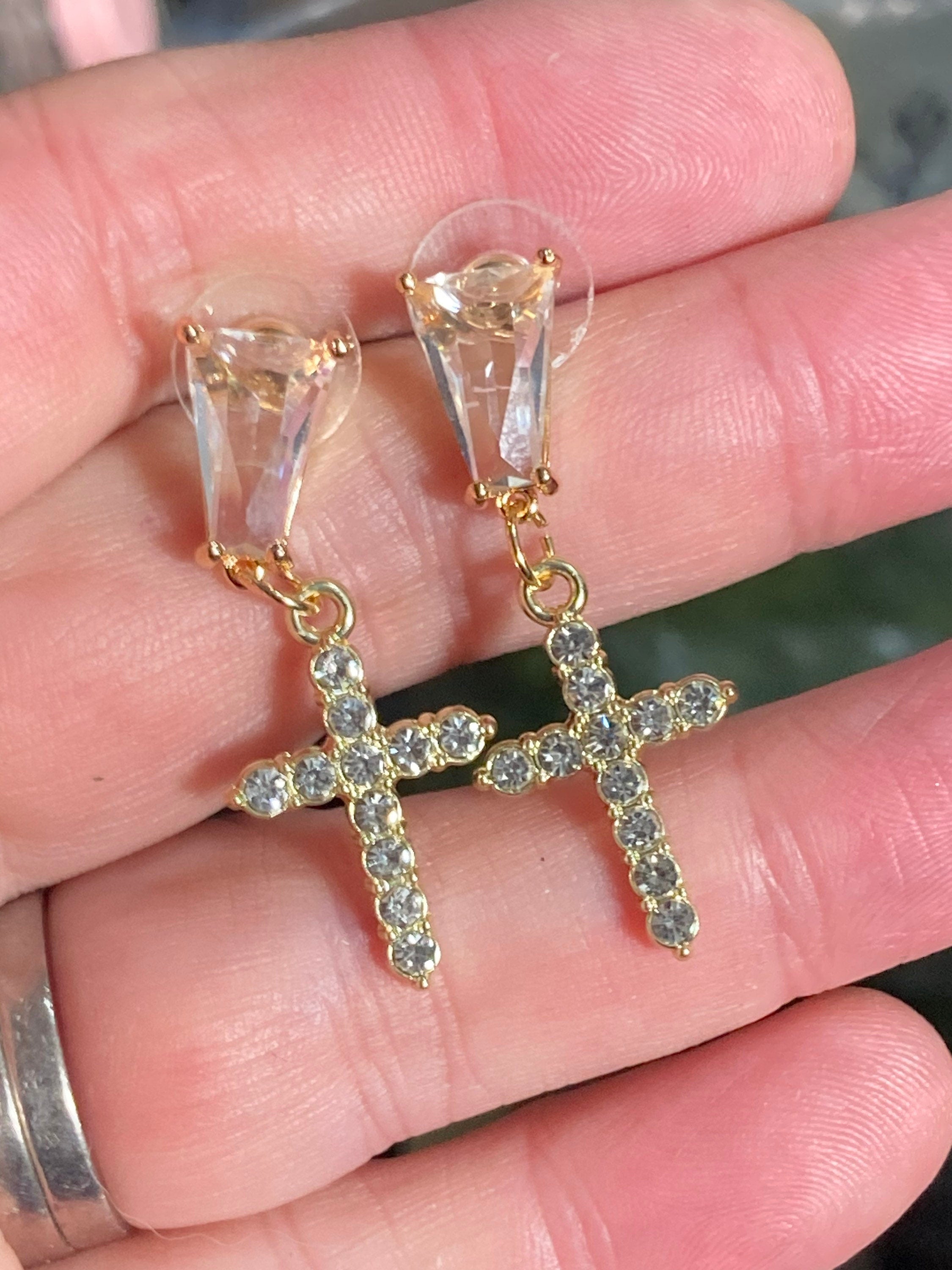 diamanté crystal cross earrings, 18k gold plated clear