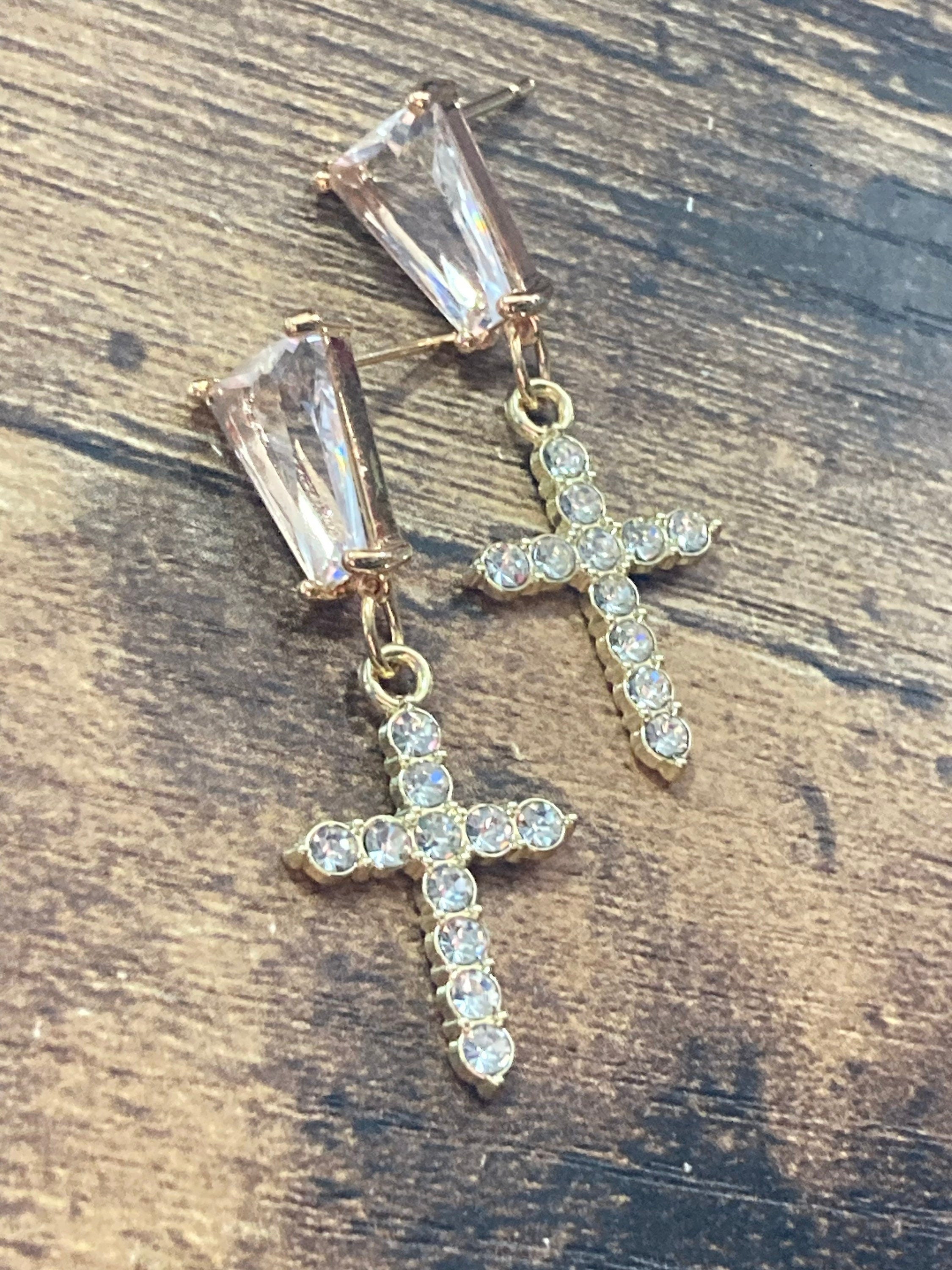 diamanté crystal cross earrings, 18k gold plated clear