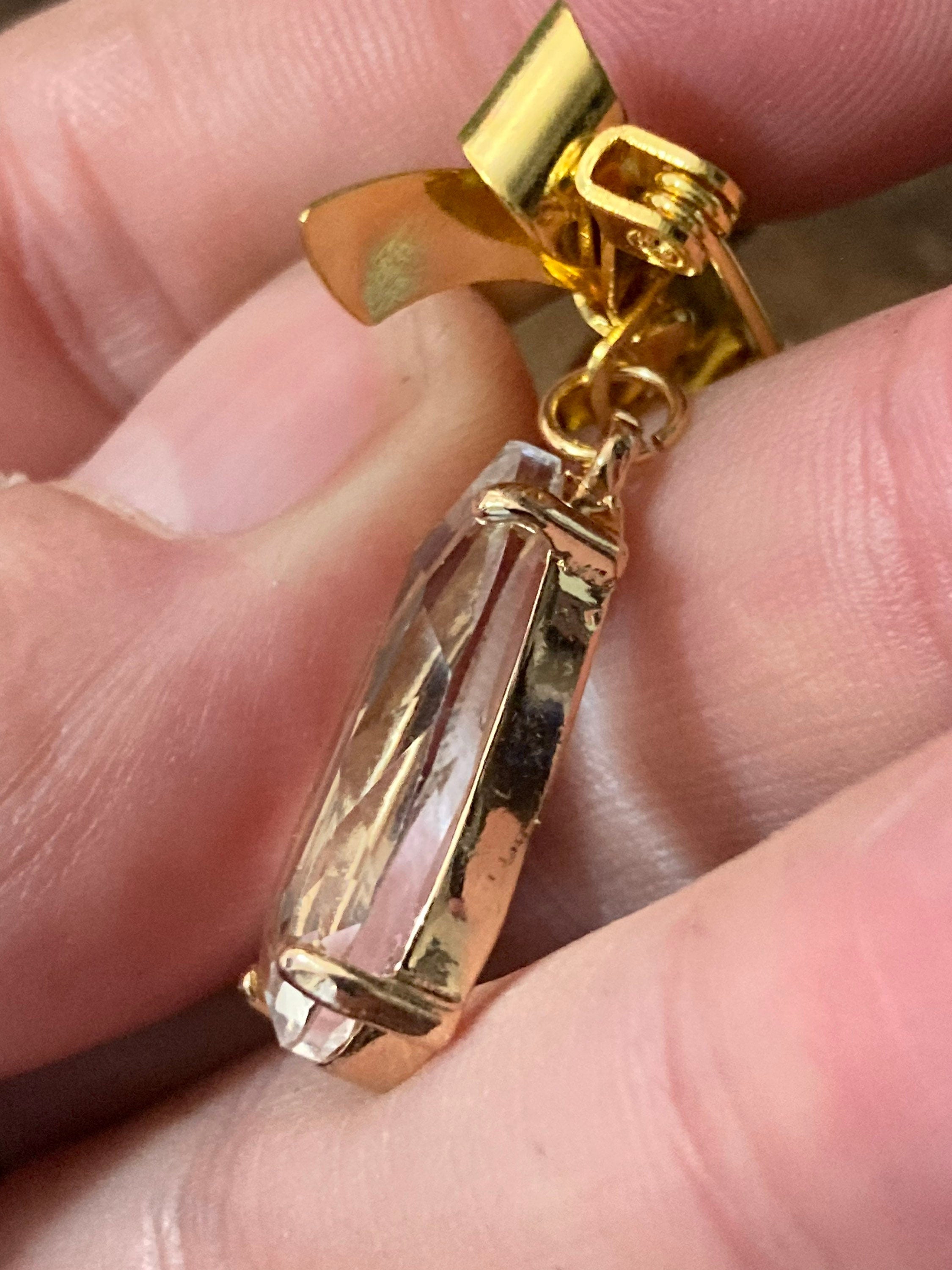 Large Crystal drop bow brooch diamanté gold tone