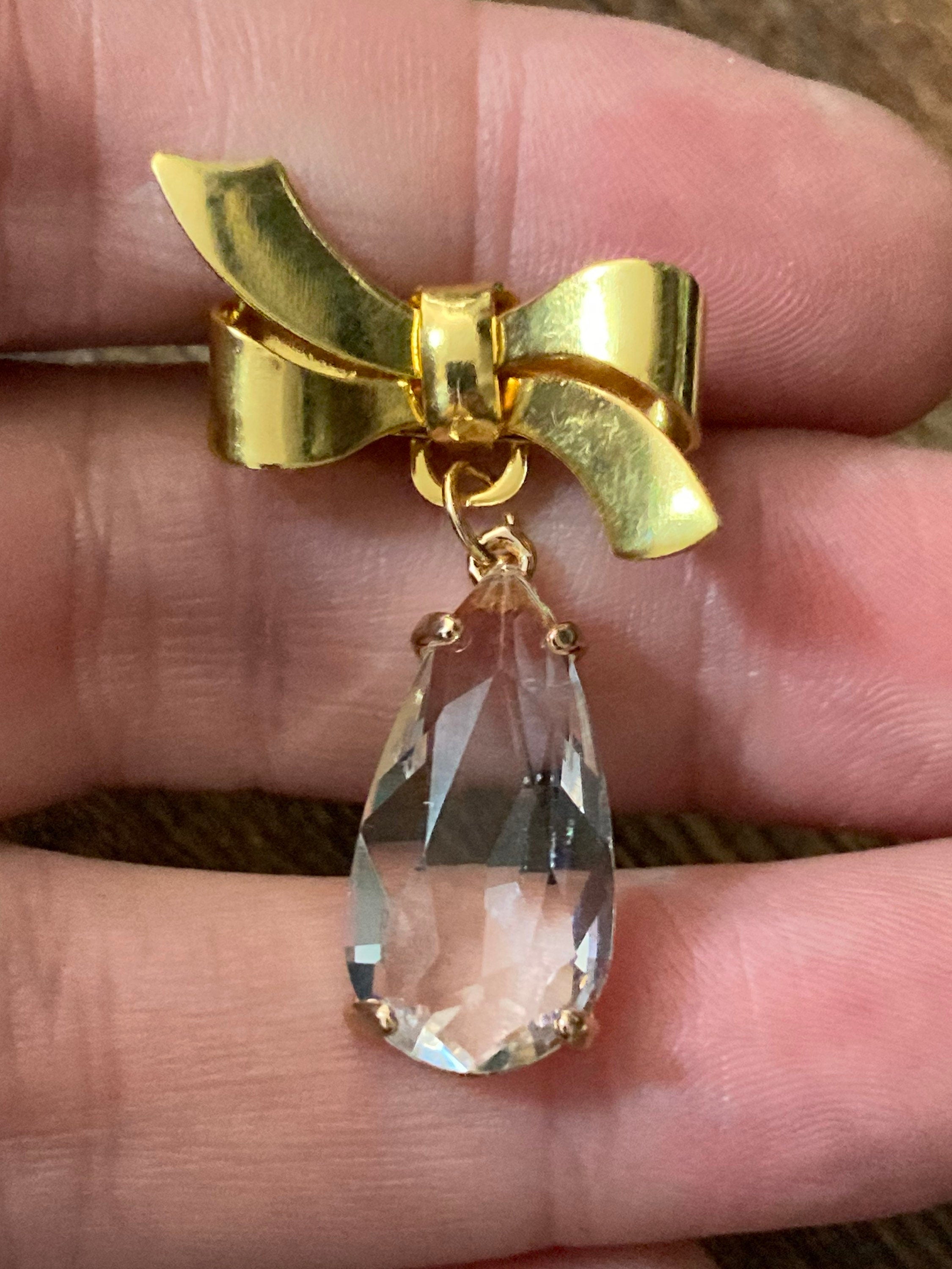 Large Crystal drop bow brooch diamanté gold tone