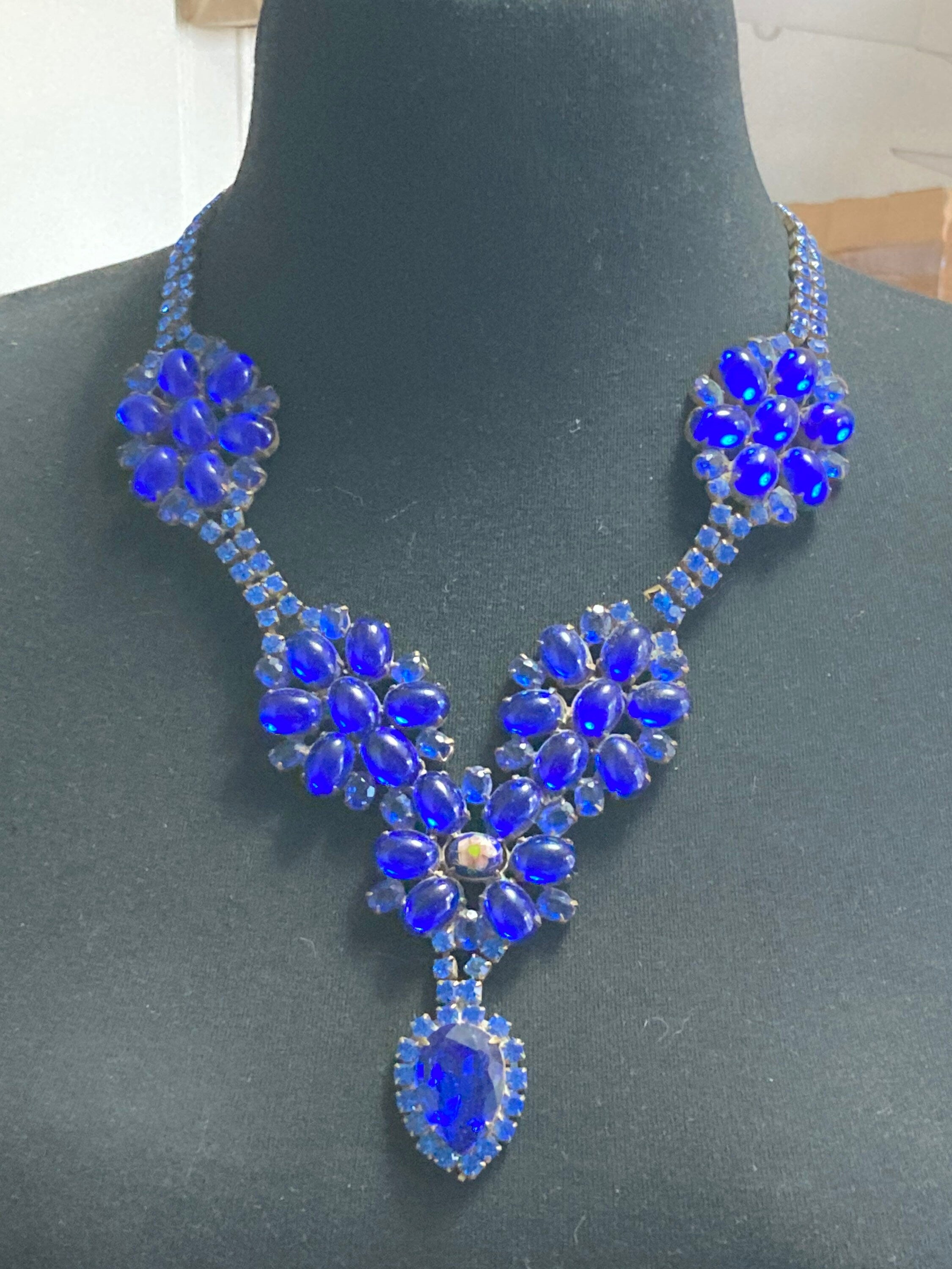 Oversized sapphire blue rhinestone bib necklace