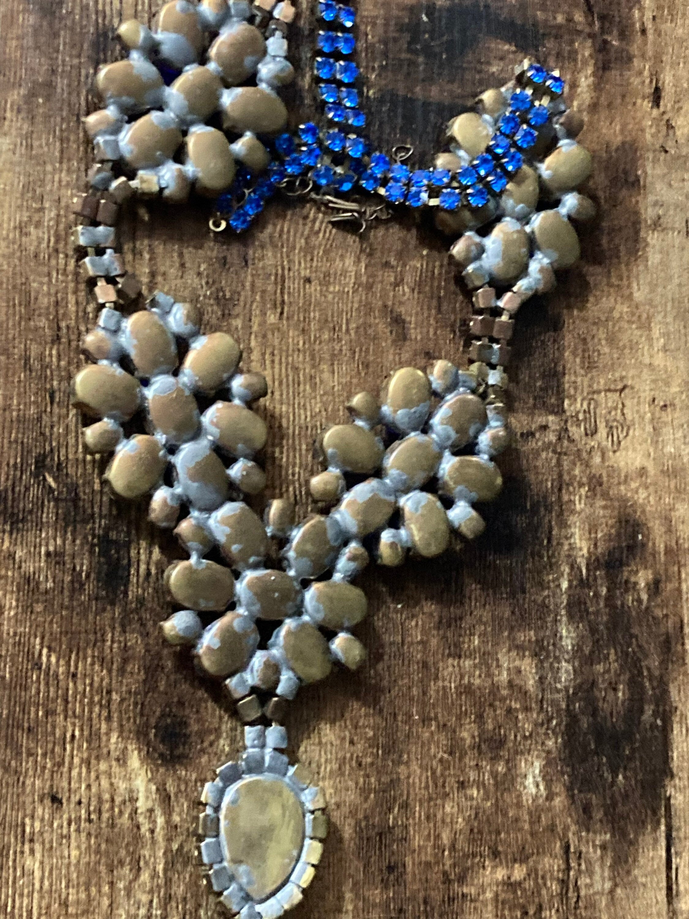 Oversized sapphire blue rhinestone bib necklace