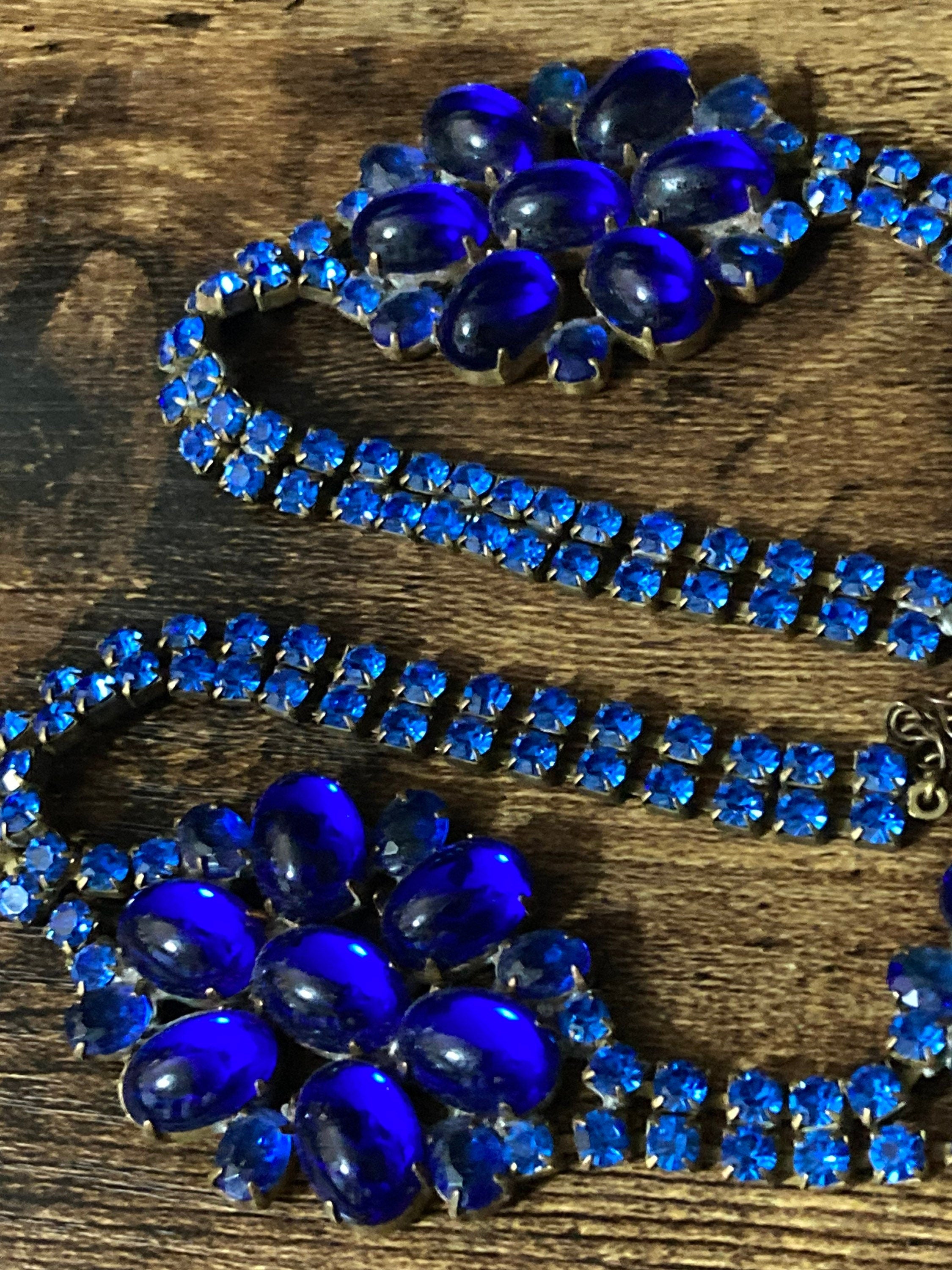 Oversized sapphire blue rhinestone bib necklace