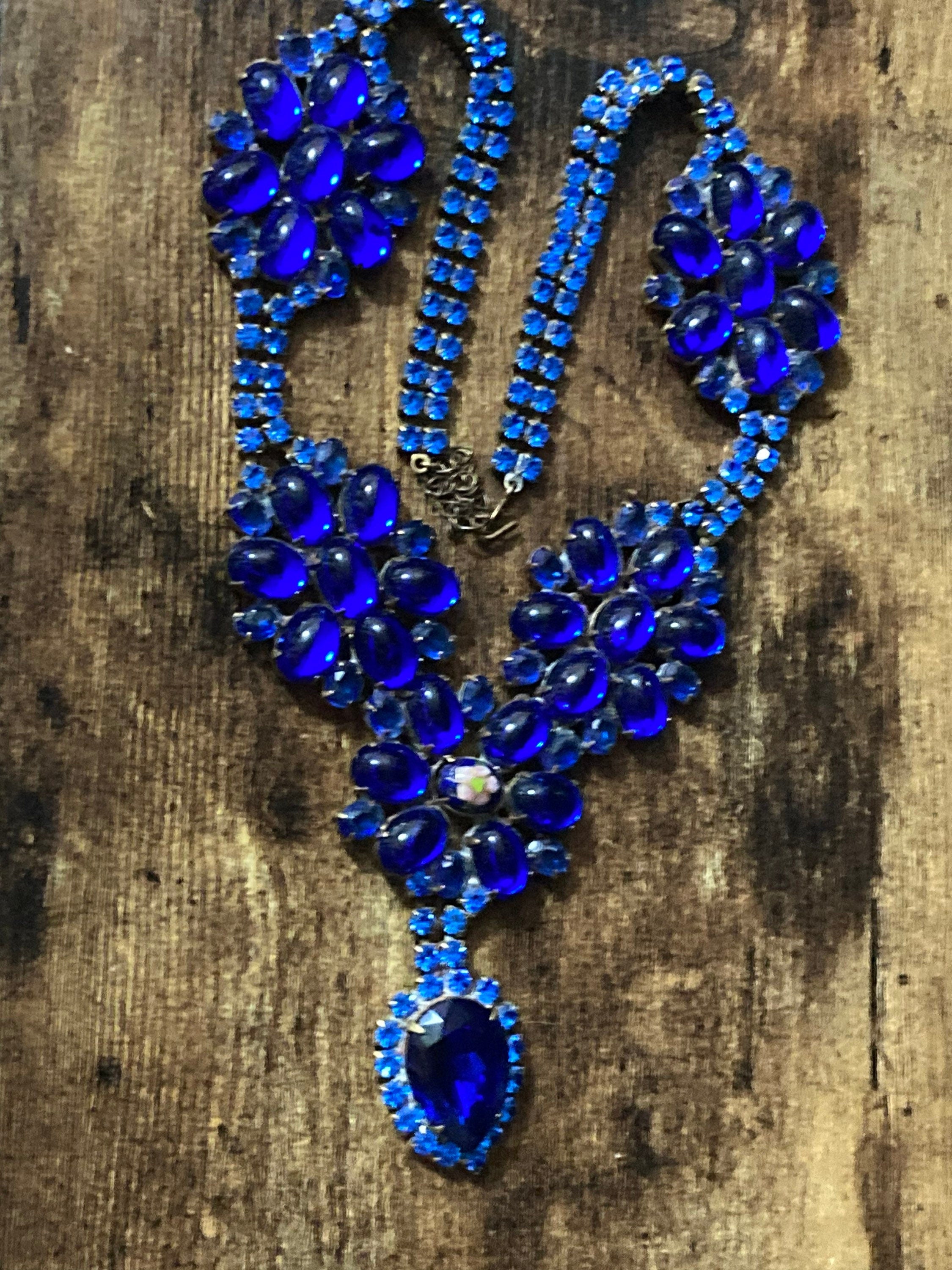 Oversized sapphire blue rhinestone bib necklace