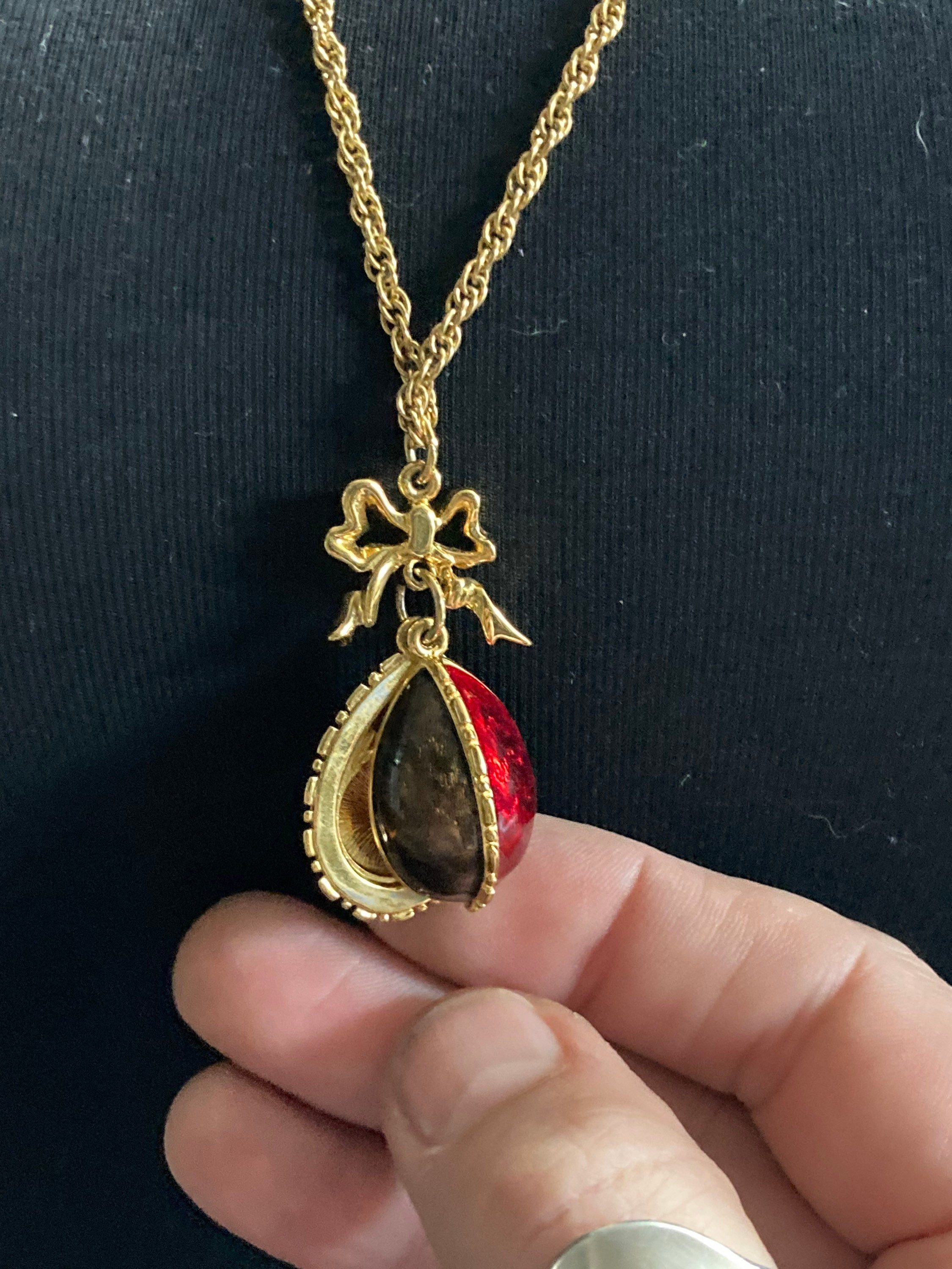 Joan Rivers Faberge inspired red brown green enamel opening egg locket pendant necklace