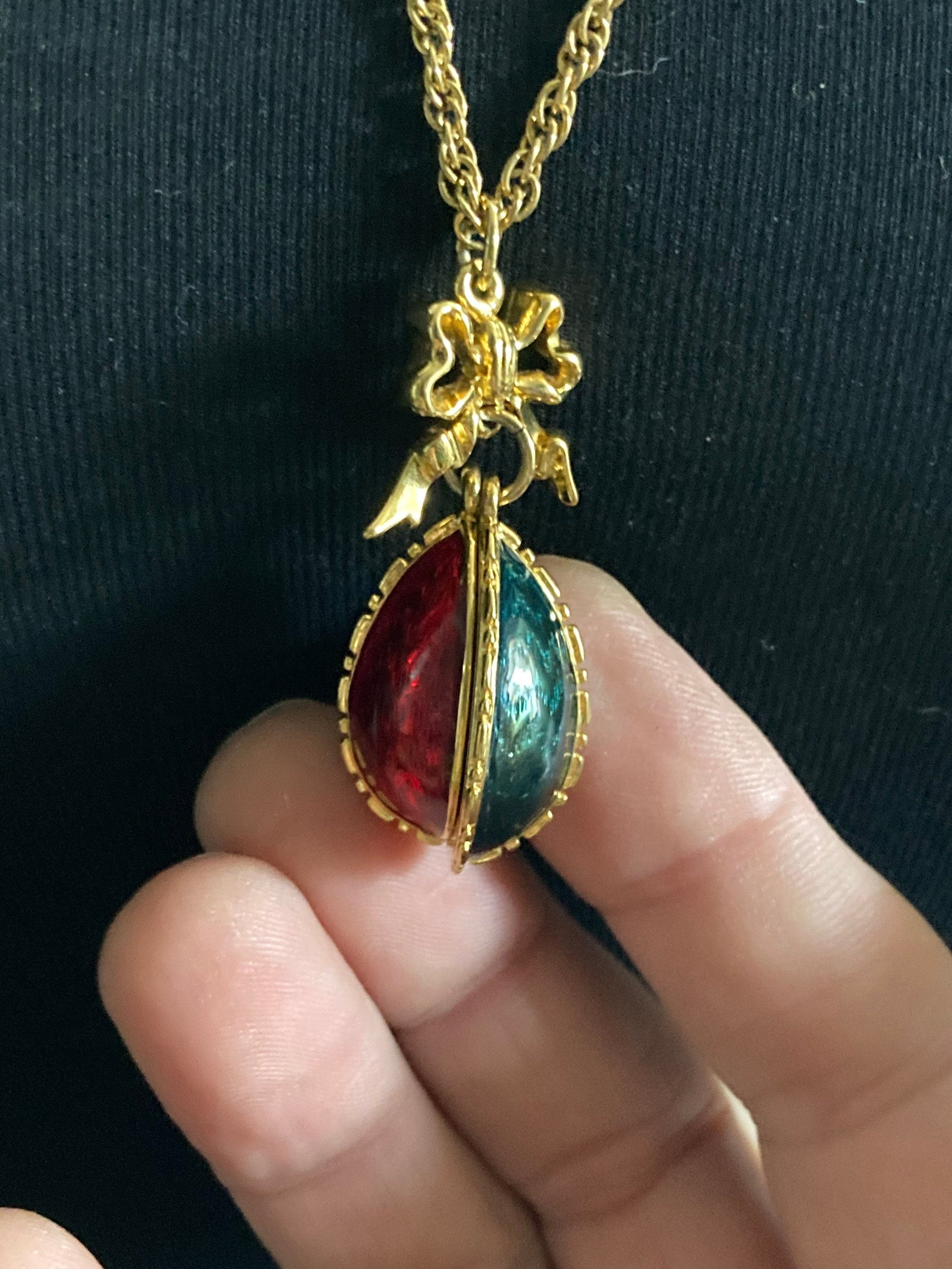Joan Rivers Faberge inspired red brown green enamel opening egg locket pendant necklace
