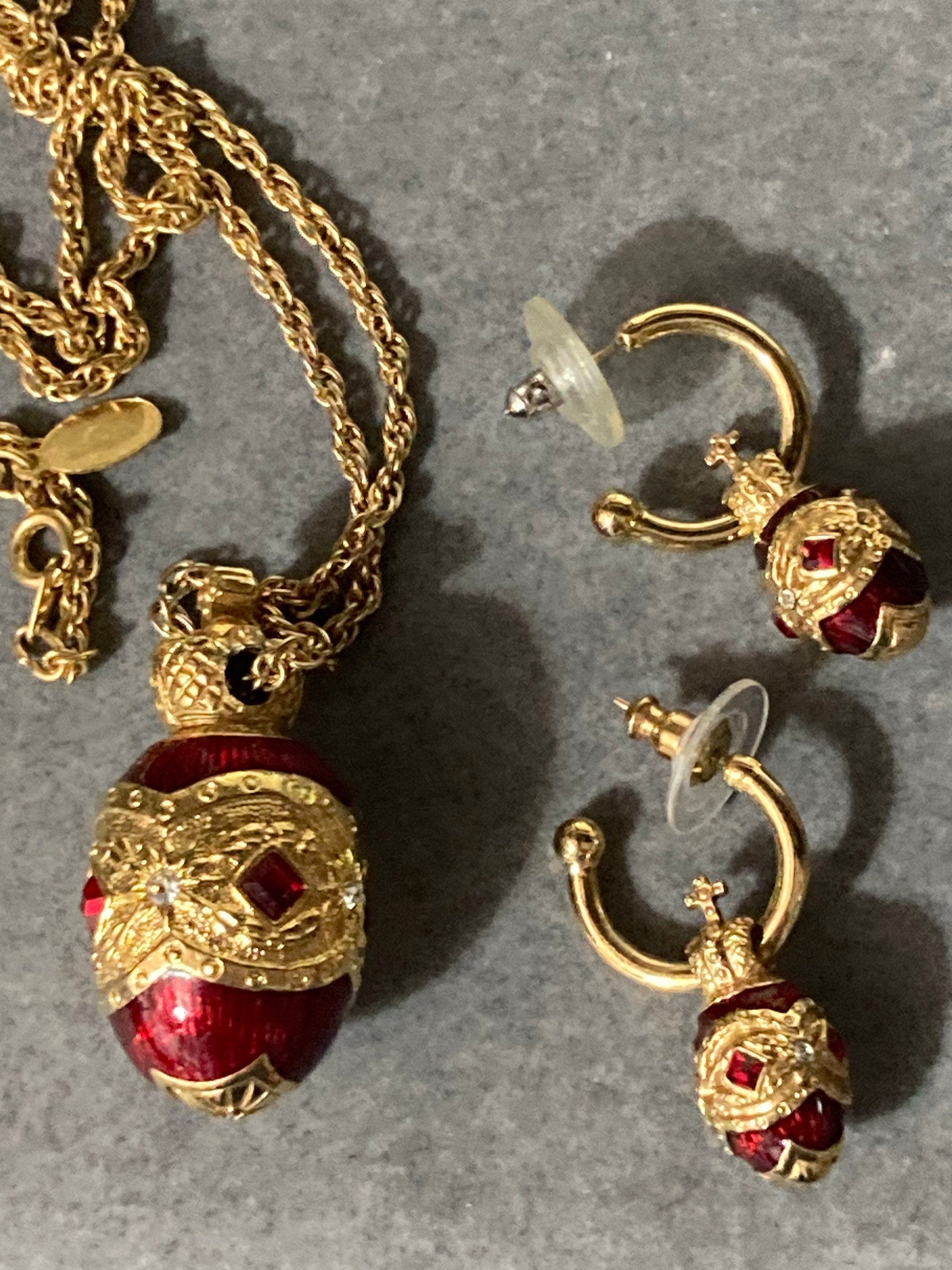 Joan rivers faberge inspired red enamel egg pendant necklace 70cm and pierced hoop earrings 3cm jewellery set