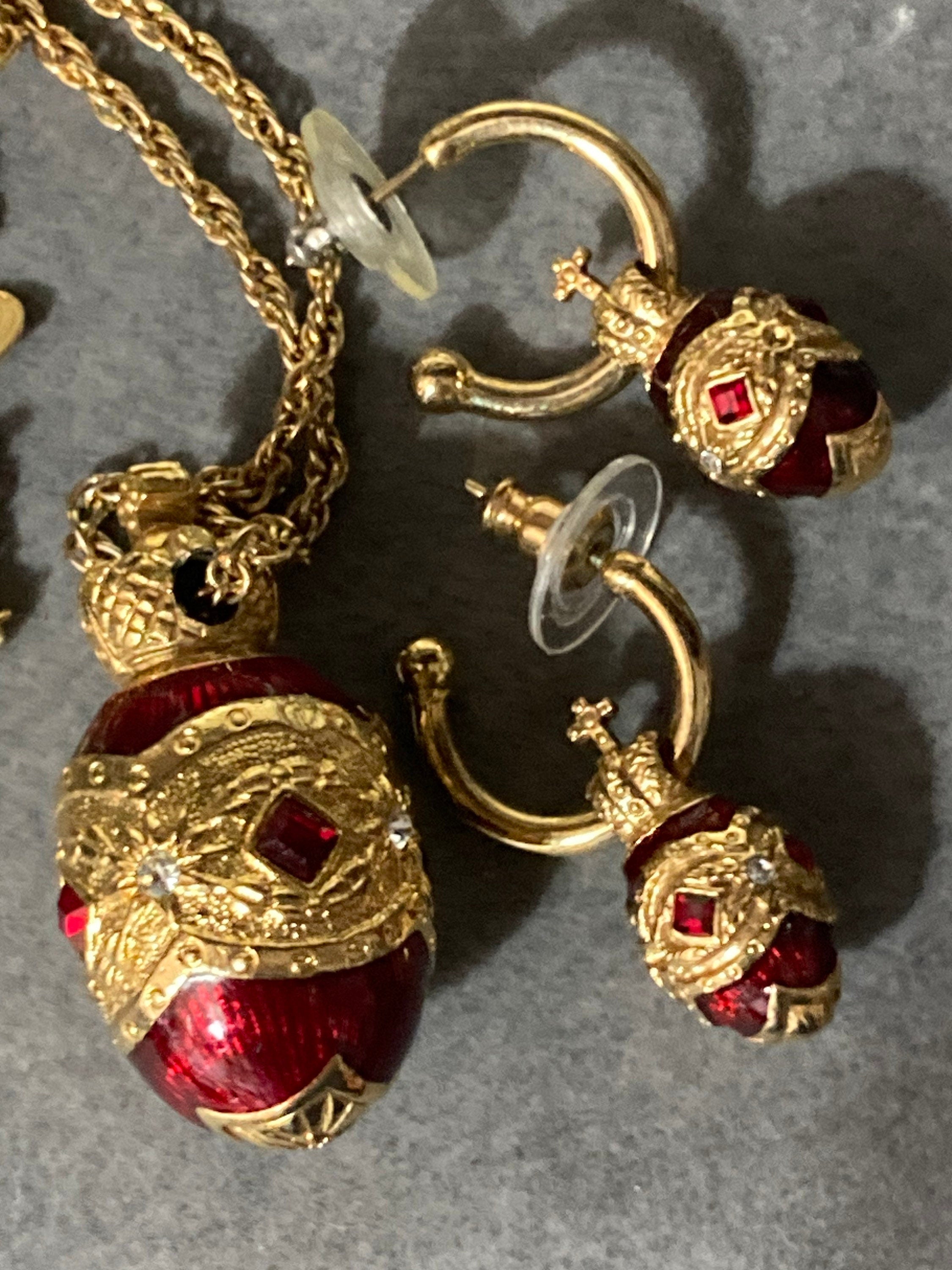 Joan rivers faberge inspired red enamel egg pendant necklace 70cm and pierced hoop earrings 3cm jewellery set