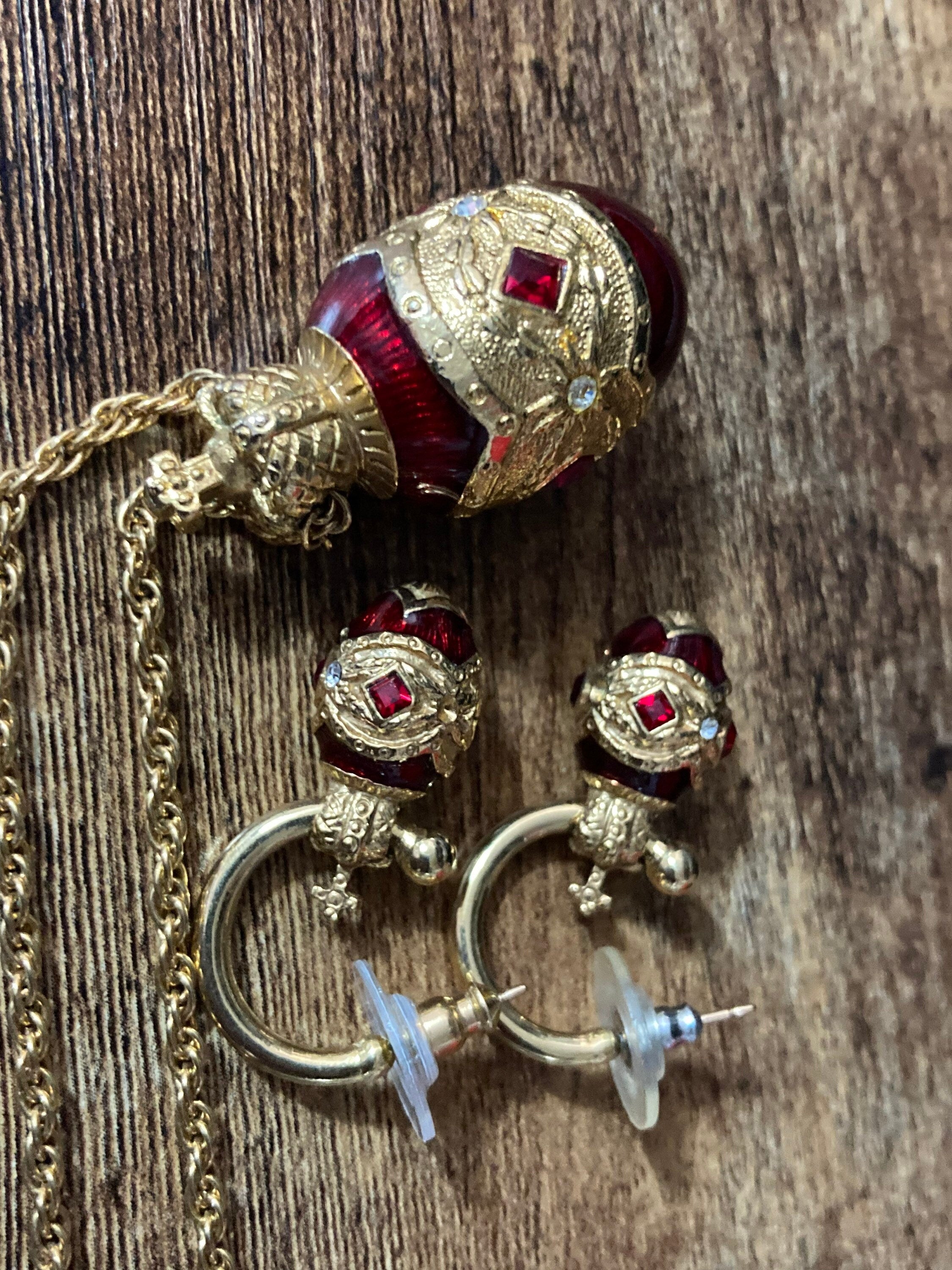 Joan rivers faberge inspired red enamel egg pendant necklace 70cm and pierced hoop earrings 3cm jewellery set