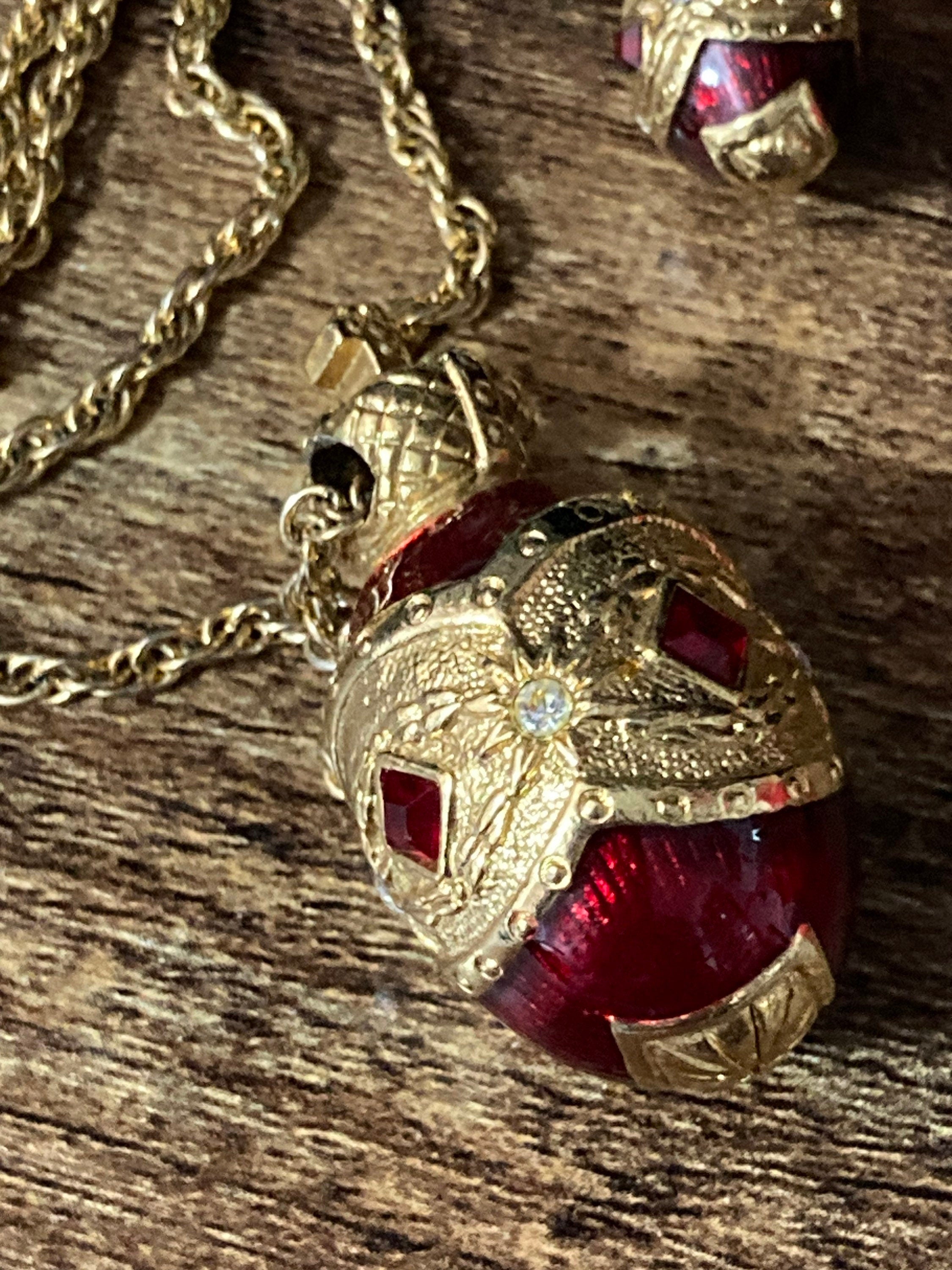 Joan rivers faberge inspired red enamel egg pendant necklace 70cm and pierced hoop earrings 3cm jewellery set