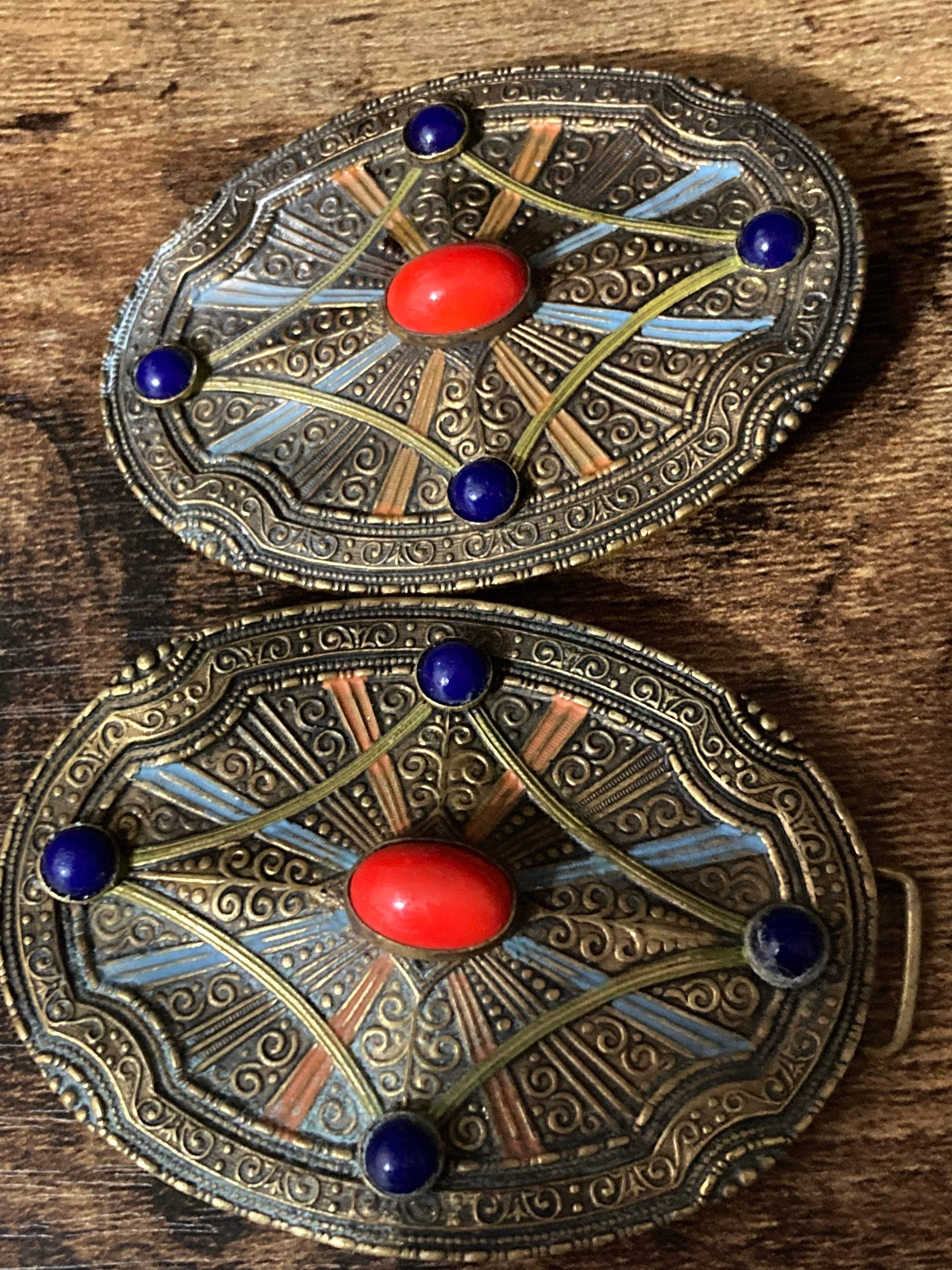 Art Deco Czech Brass Belt Buckle: Blue & Red Glass Stones