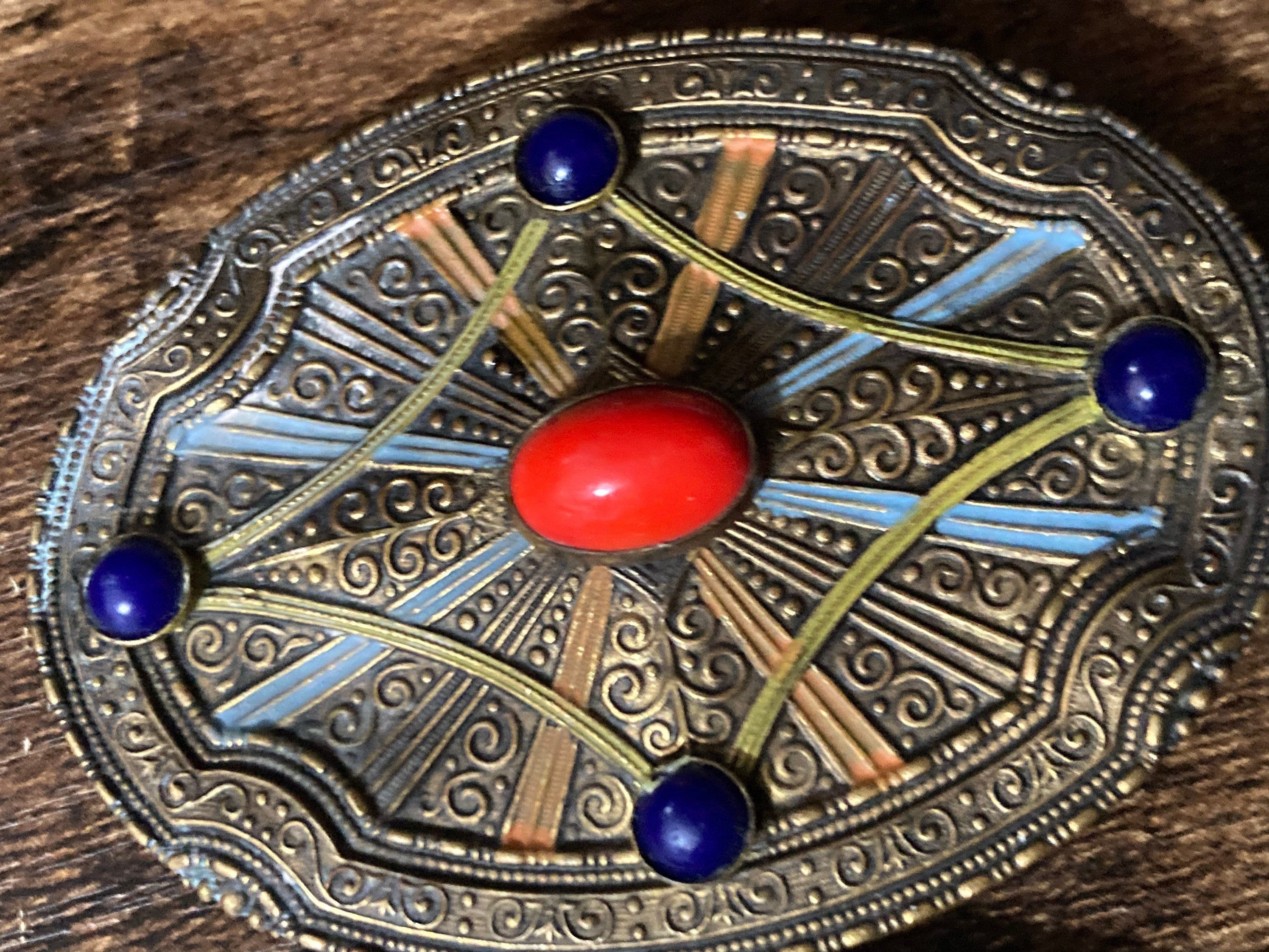 Art Deco Czech Brass Belt Buckle: Blue & Red Glass Stones