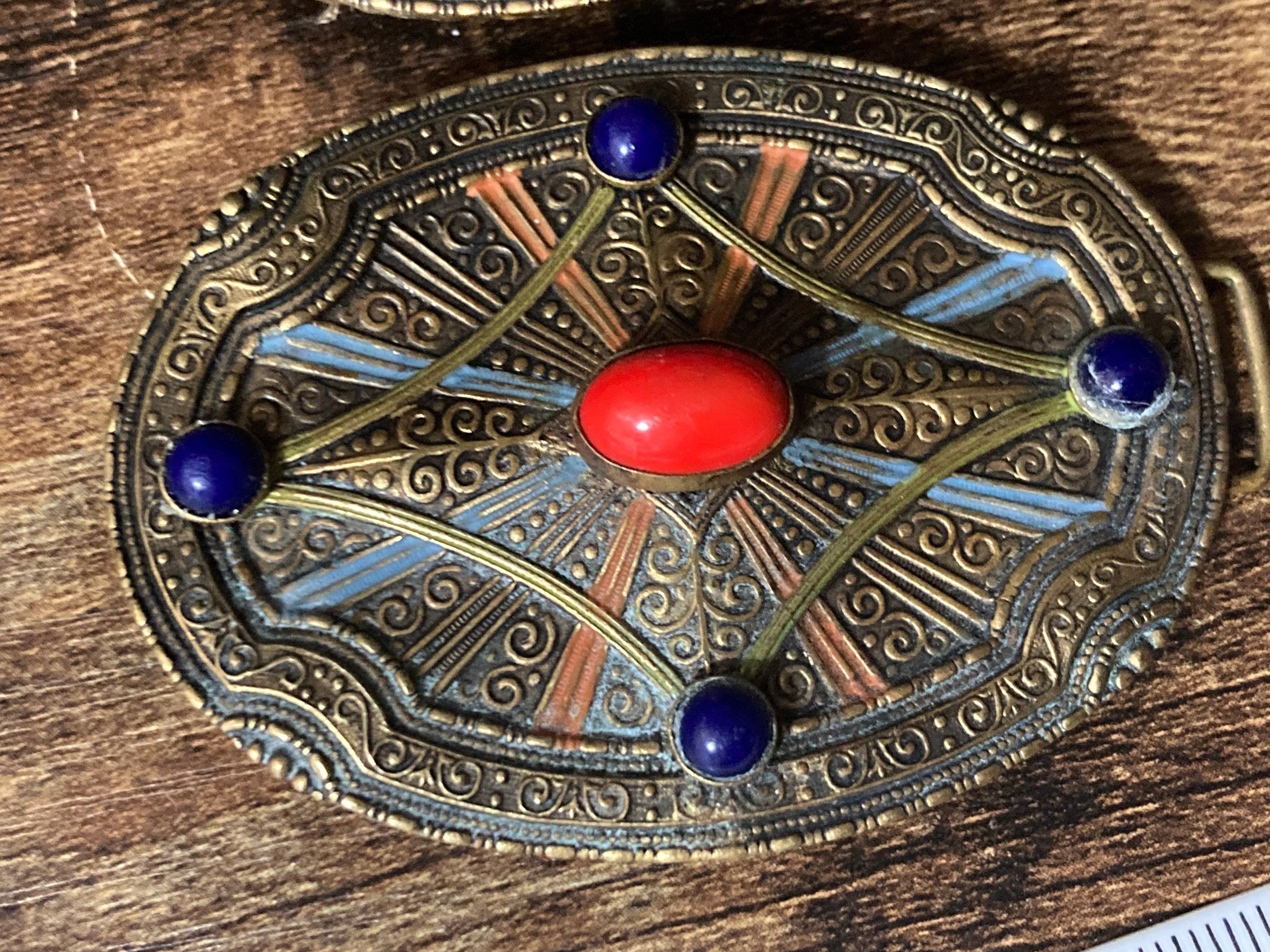 Art Deco Czech Brass Belt Buckle: Blue & Red Glass Stones