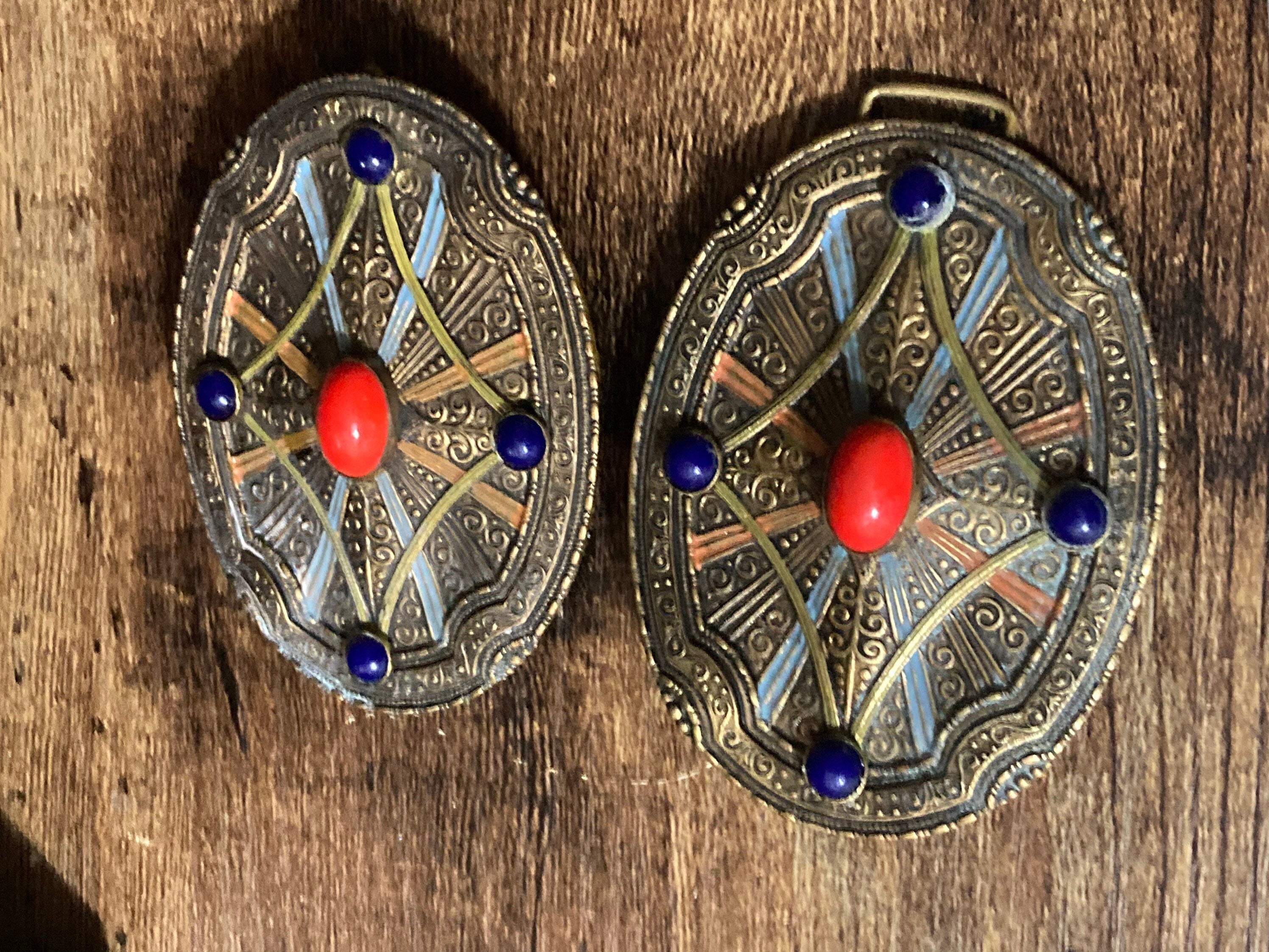 Art Deco Czech Brass Belt Buckle: Blue & Red Glass Stones