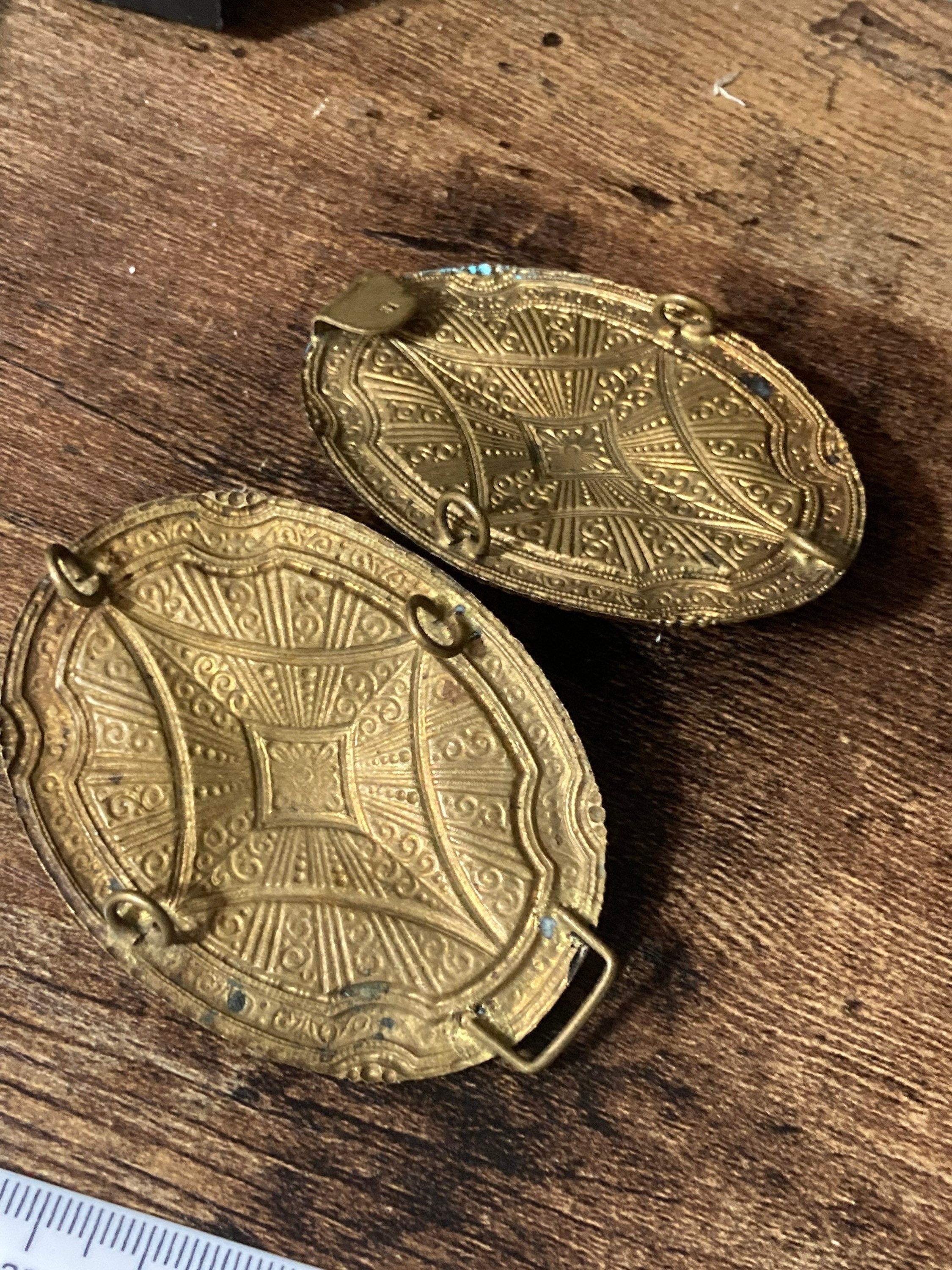 Art Deco Czech Brass Belt Buckle: Blue & Red Glass Stones