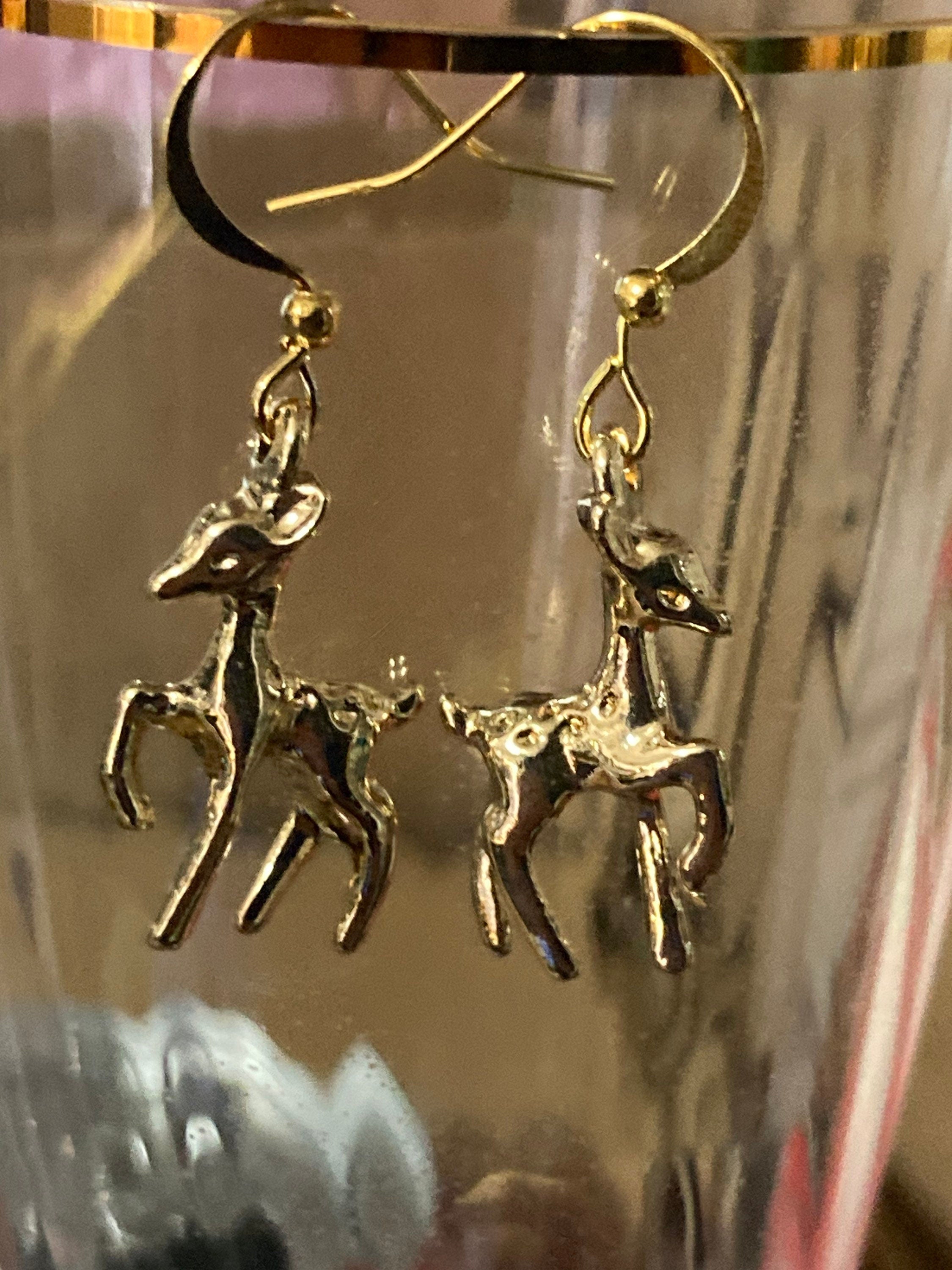 vintage Deer dangly drop earrings pierced, gold plated charms