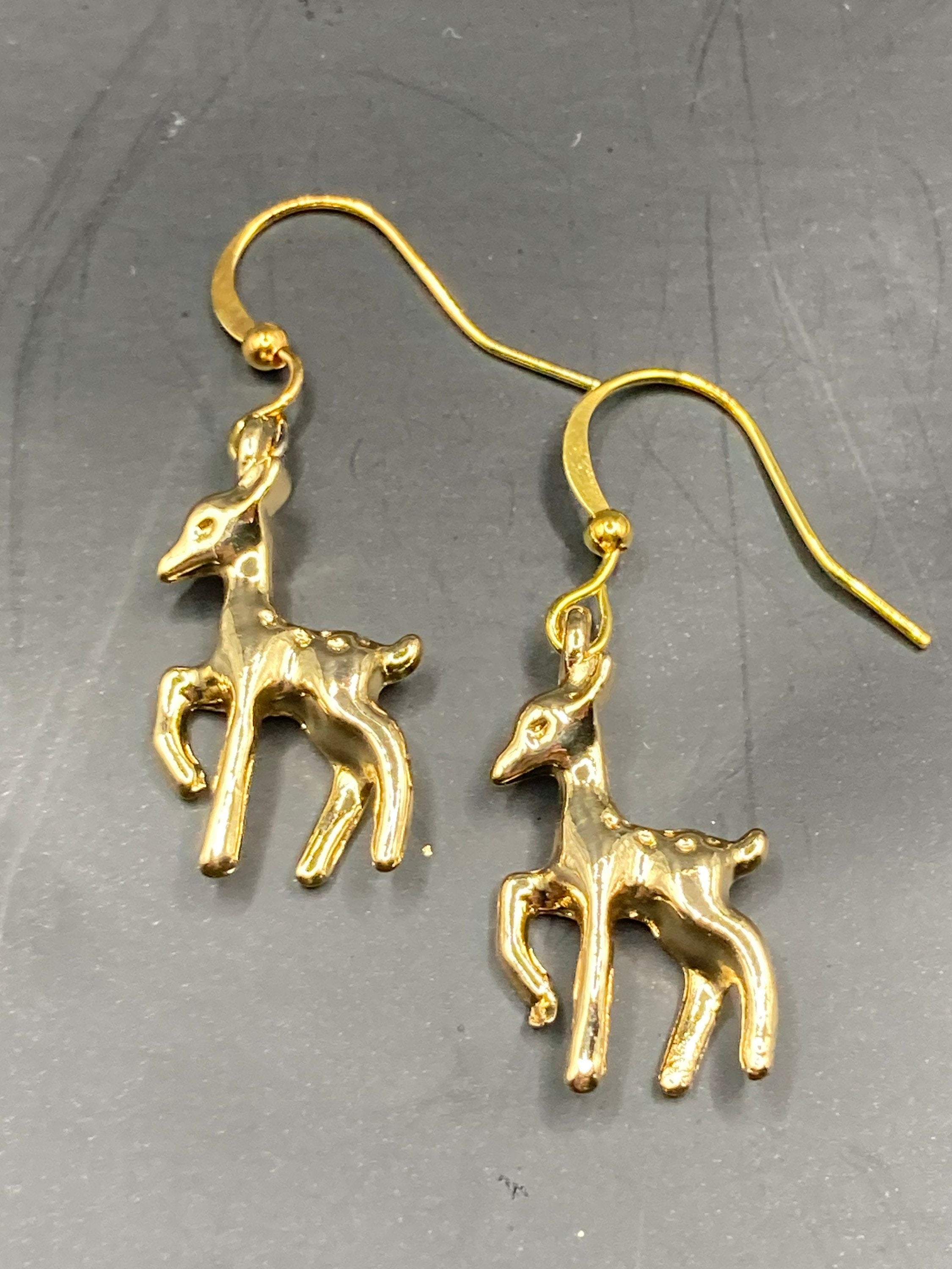 vintage Deer dangly drop earrings pierced, gold plated charms