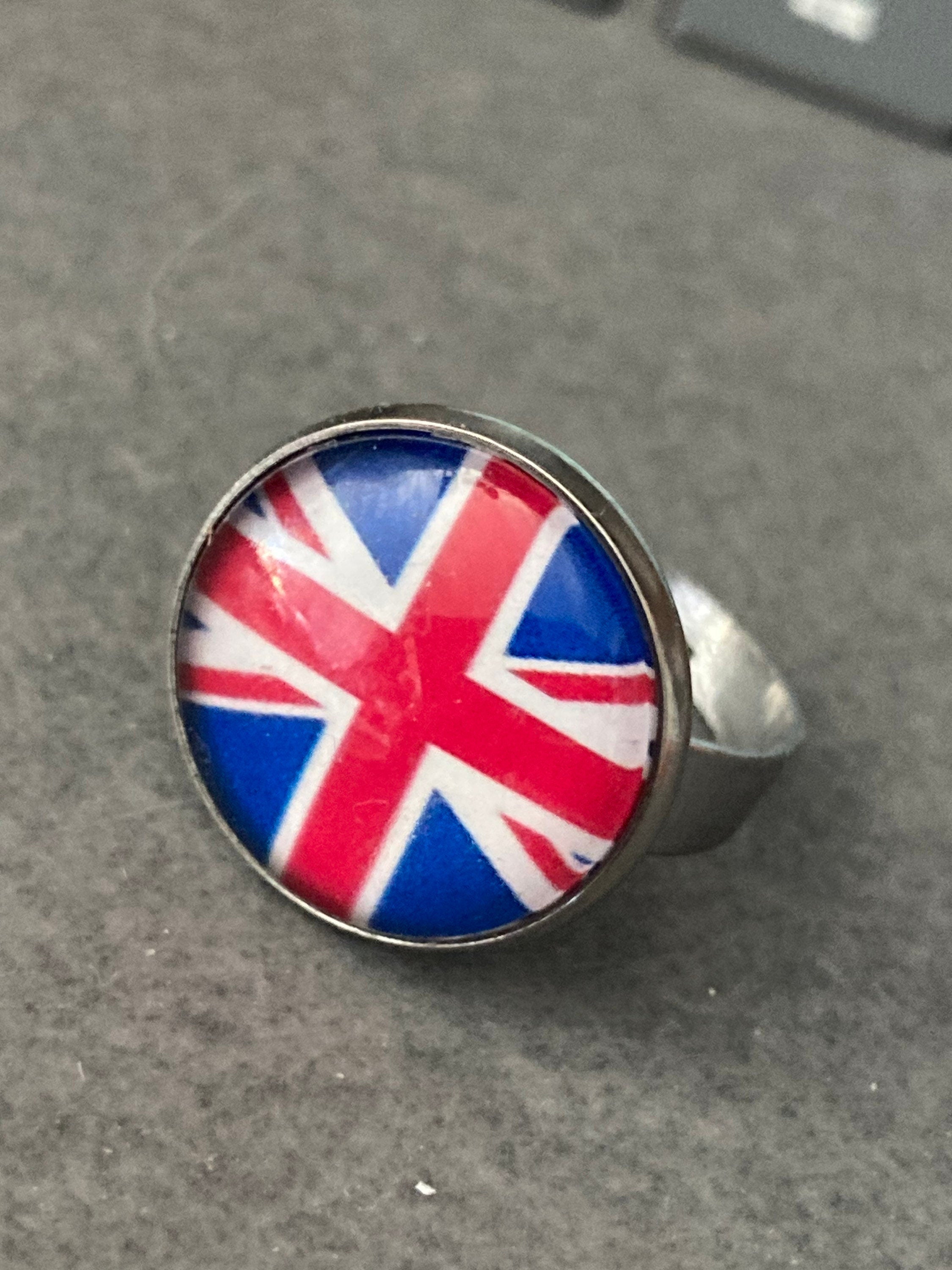 Union Jack ring stainless steel adjustable glass cabochon