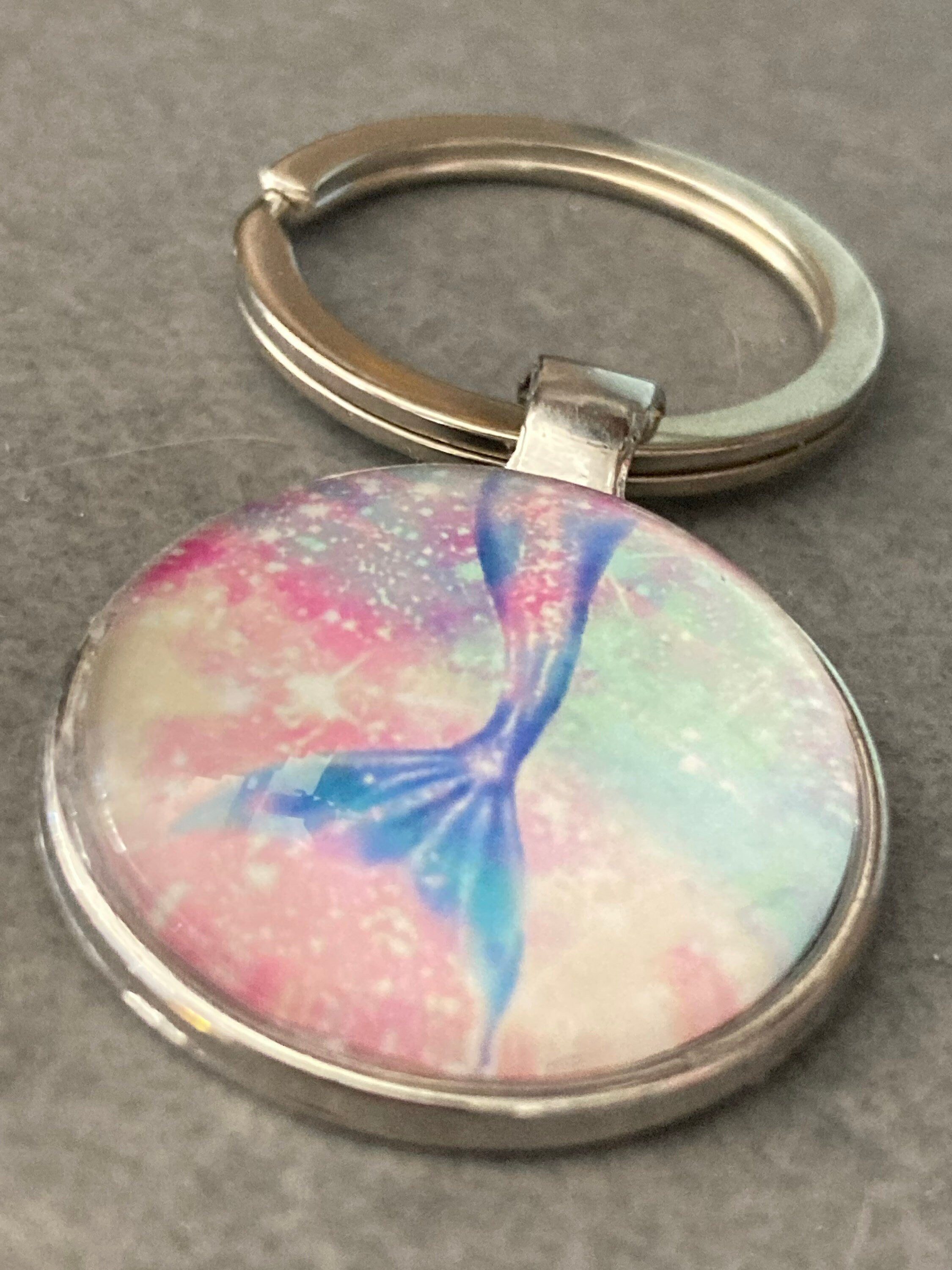 nautical mermaid tail silver keyring pink purple glass cabochon
