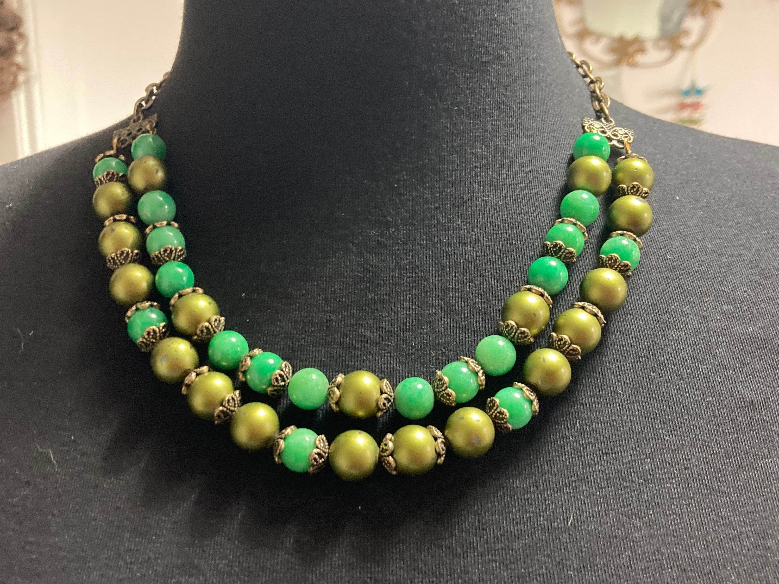 Faux Peking glass green pearl glass beaded multi strand necklace