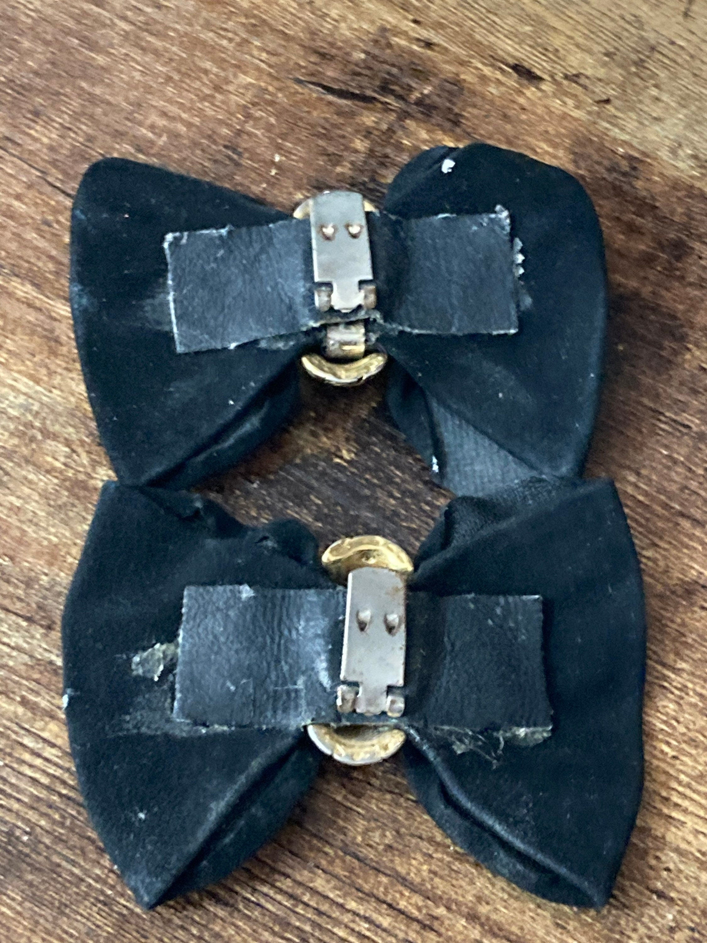 Vintage Black Suede Bow Shoe Clips with Gold Metal Detail
