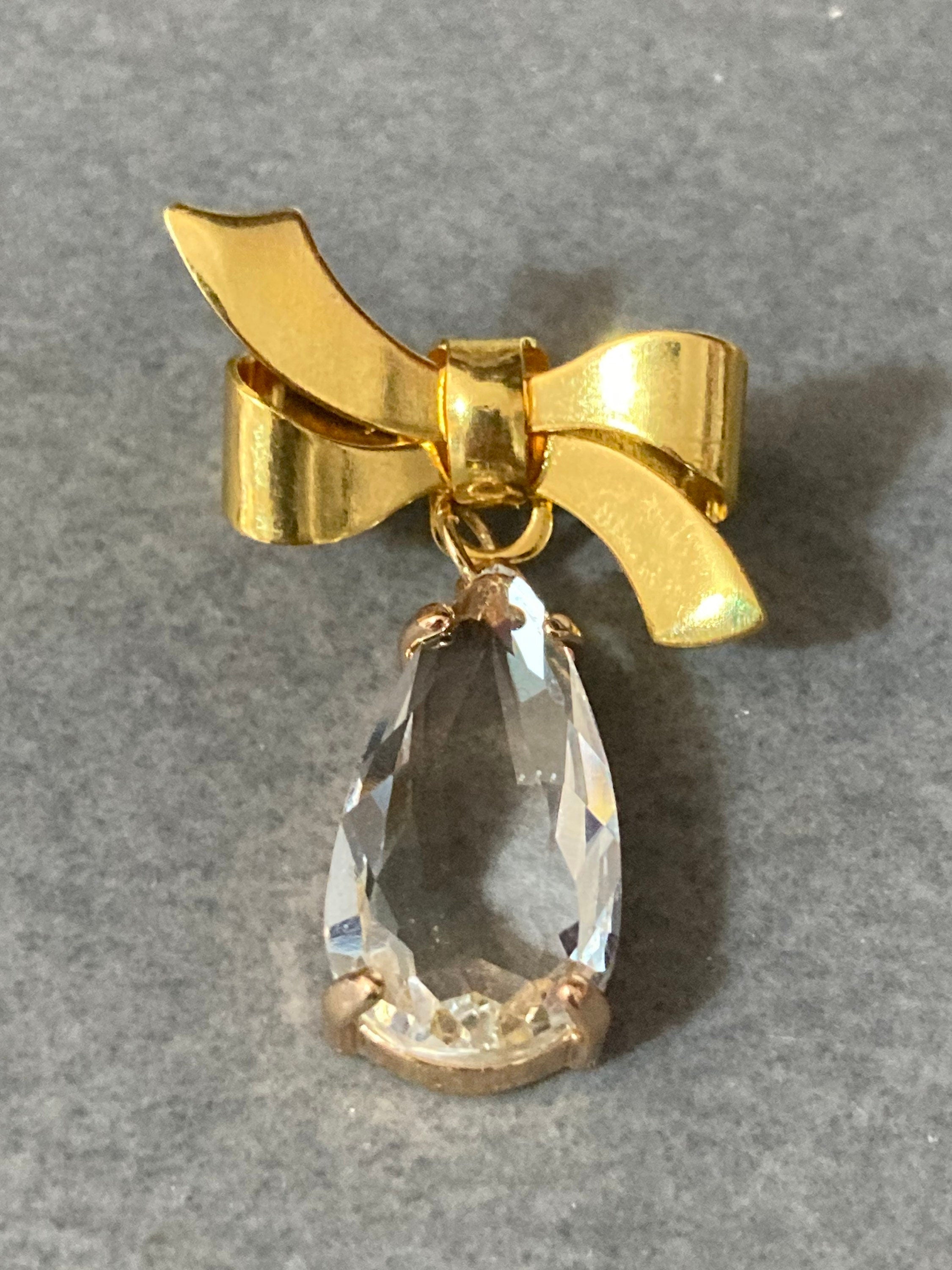 Large Crystal drop bow brooch diamanté gold tone