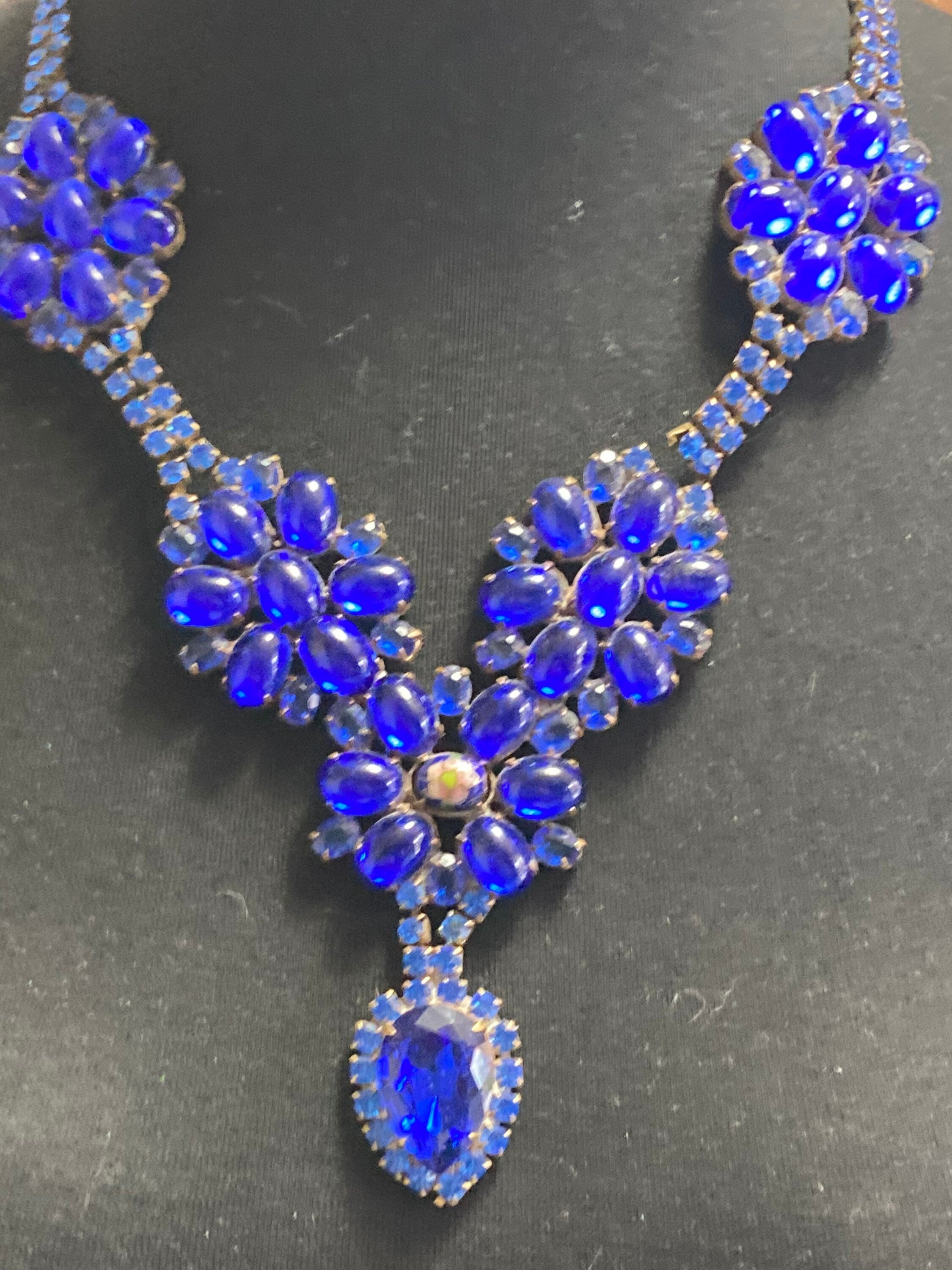 Oversized sapphire blue rhinestone bib necklace