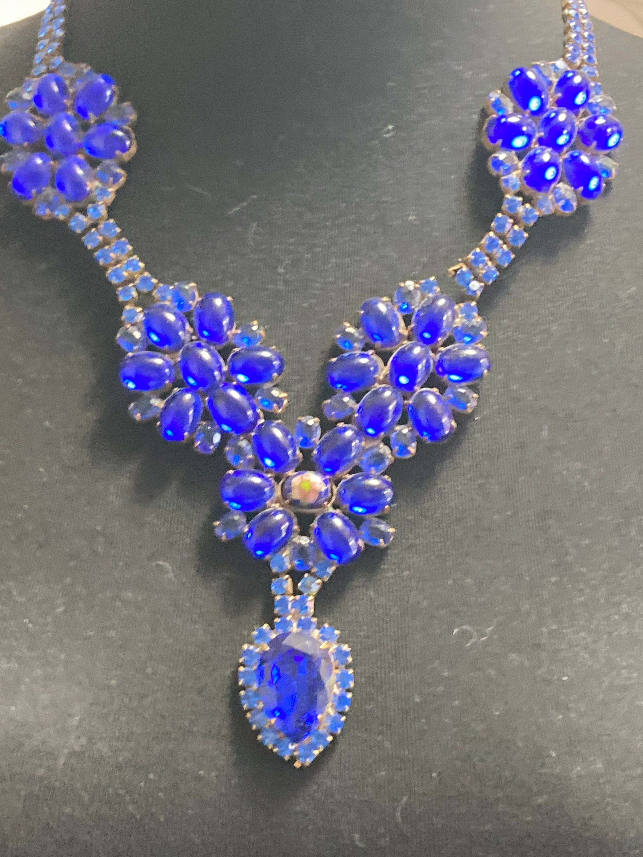 Oversized sapphire blue rhinestone bib necklace