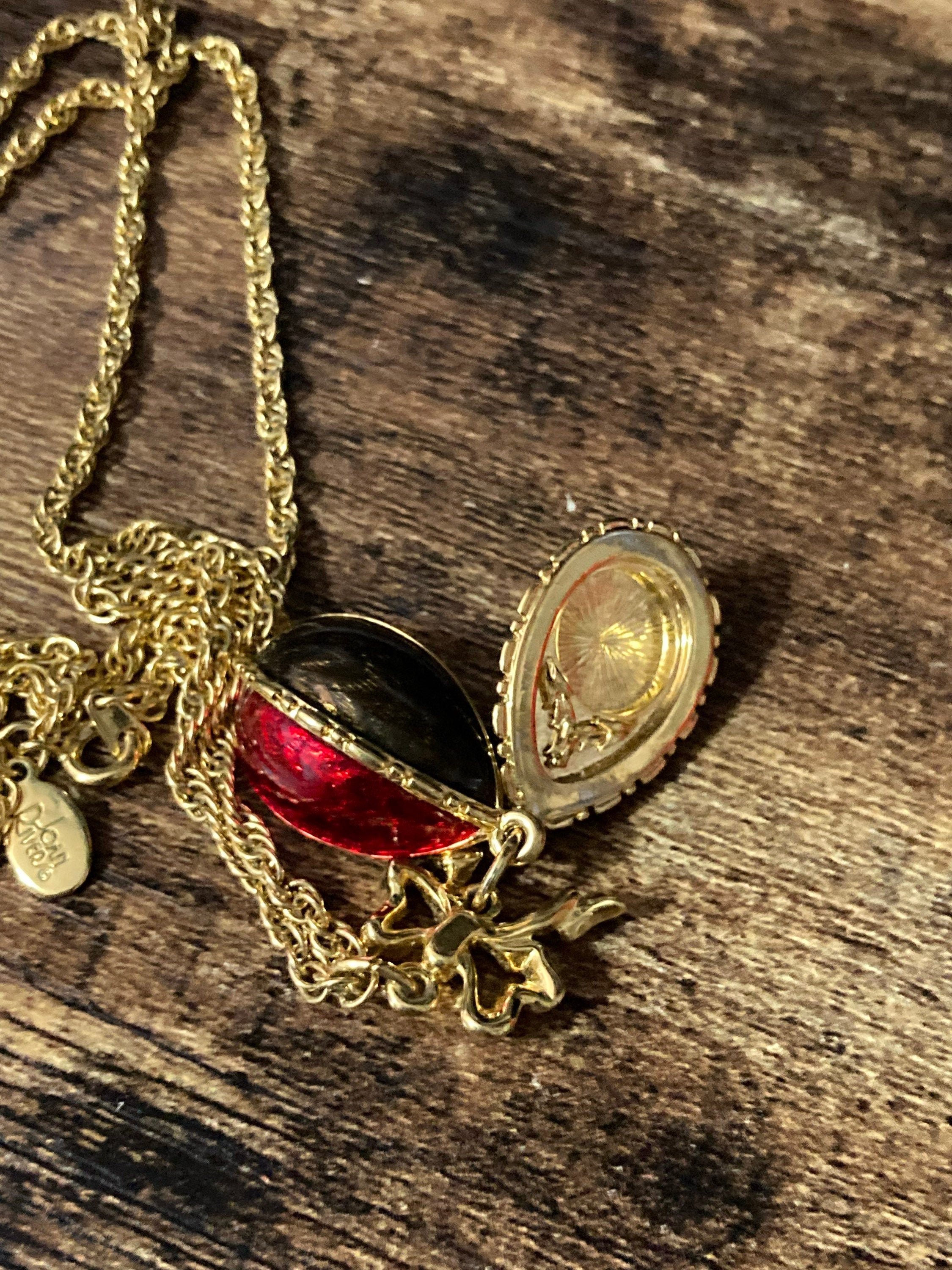 Joan Rivers Faberge inspired red brown green enamel opening egg locket pendant necklace