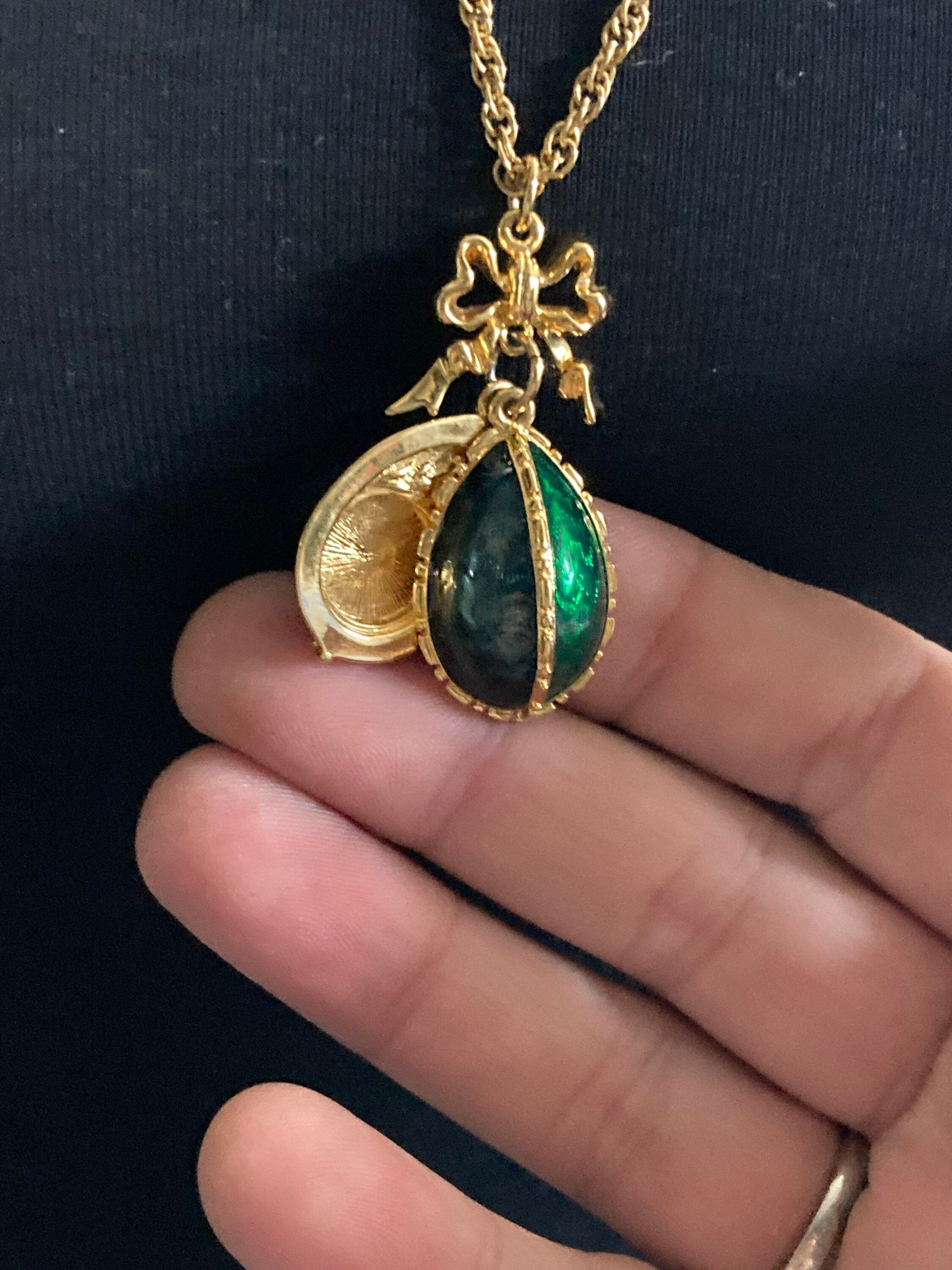 Joan Rivers Faberge inspired red brown green enamel opening egg locket pendant necklace