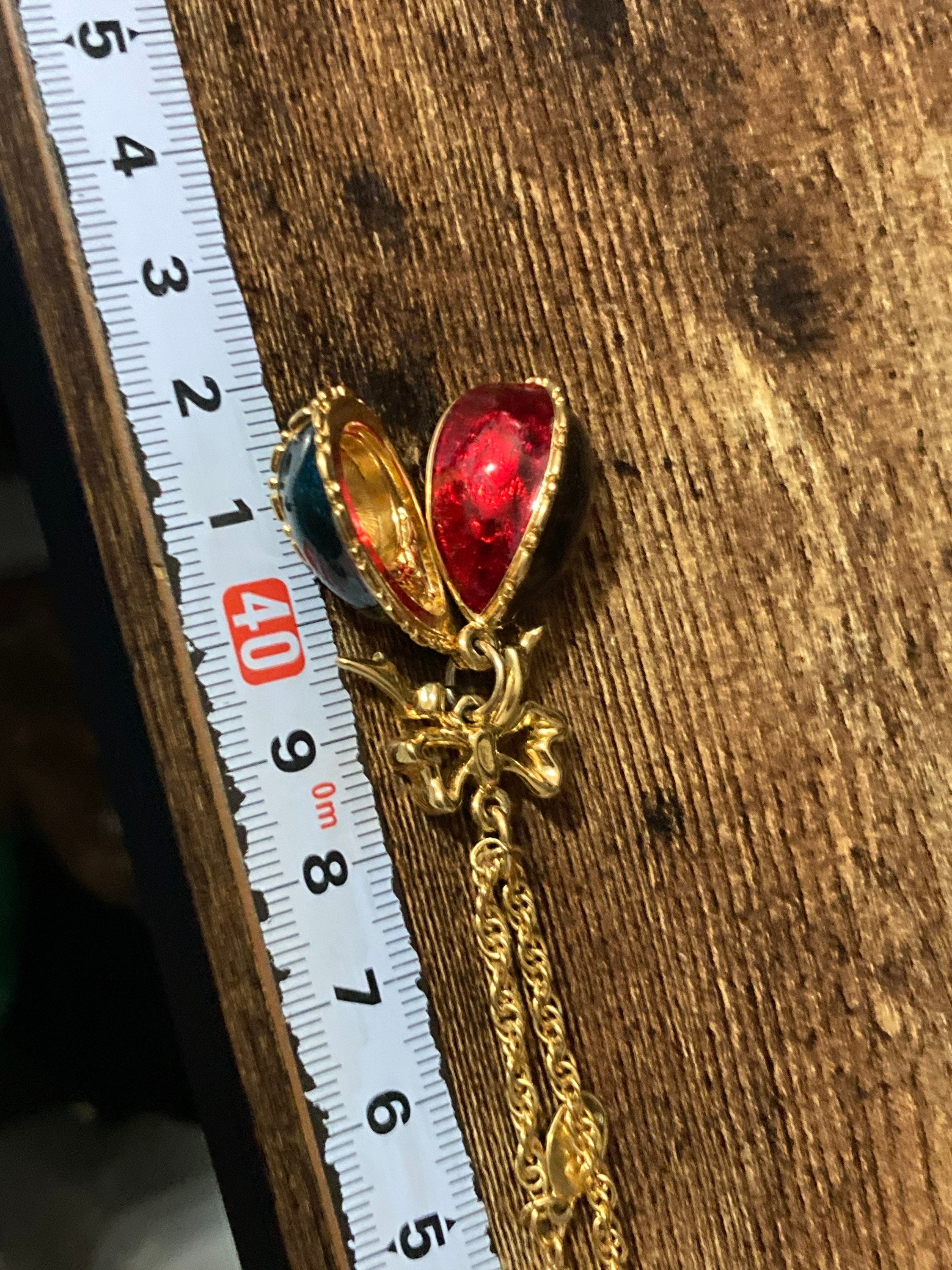 Joan Rivers Faberge inspired red brown green enamel opening egg locket pendant necklace