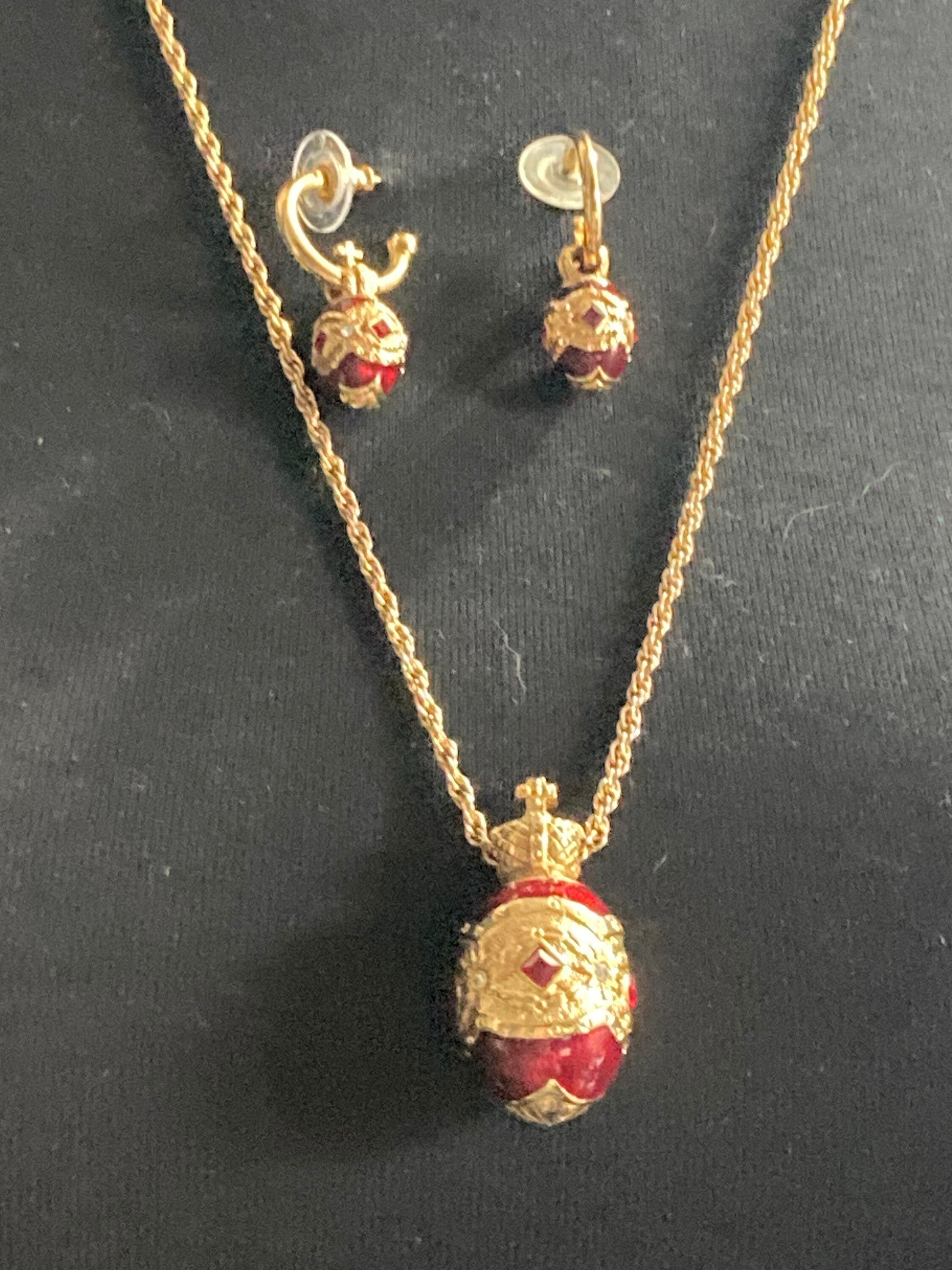 Joan rivers faberge inspired red enamel egg pendant necklace 70cm and pierced hoop earrings 3cm jewellery set