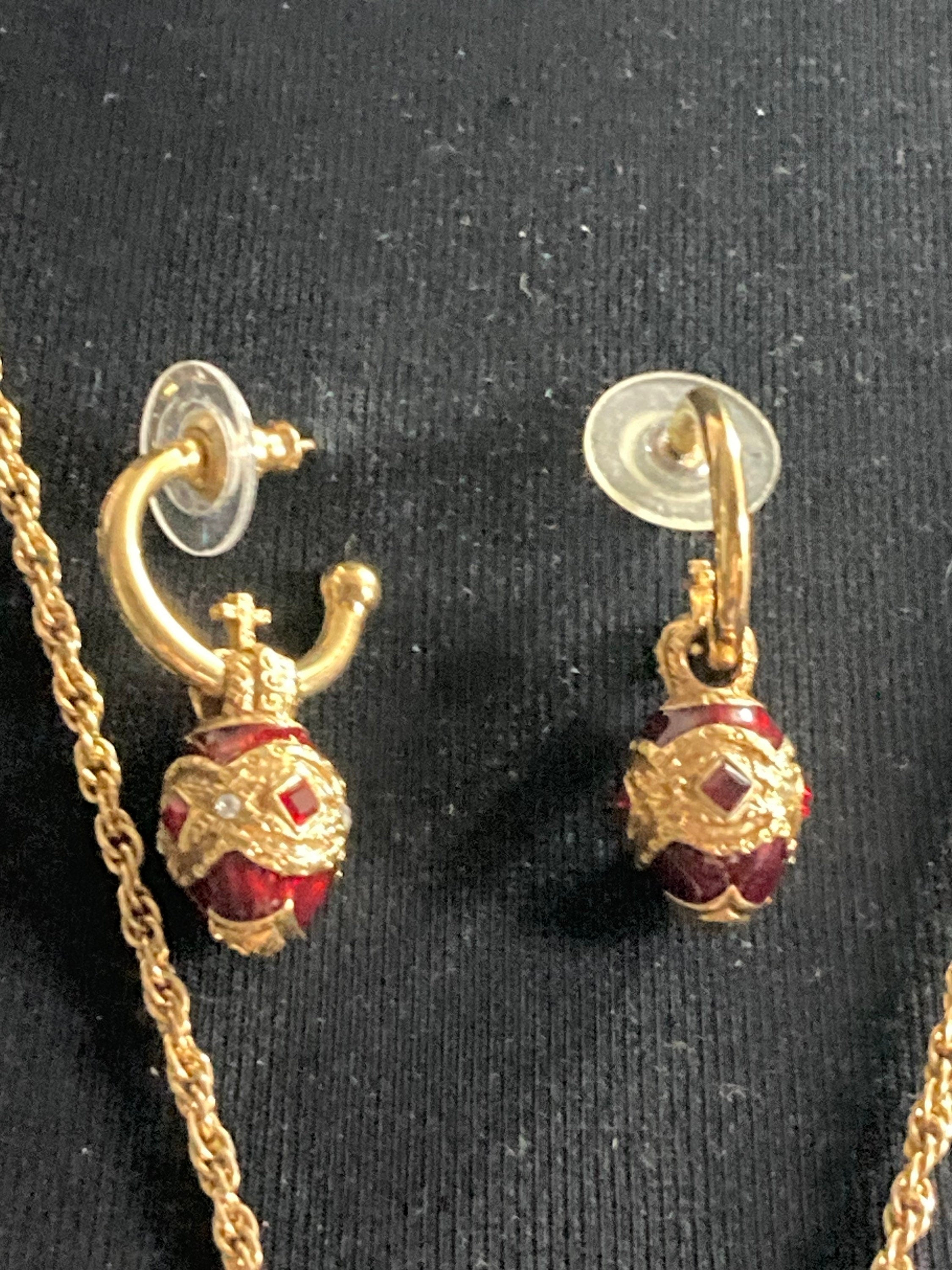 Joan rivers faberge inspired red enamel egg pendant necklace 70cm and pierced hoop earrings 3cm jewellery set