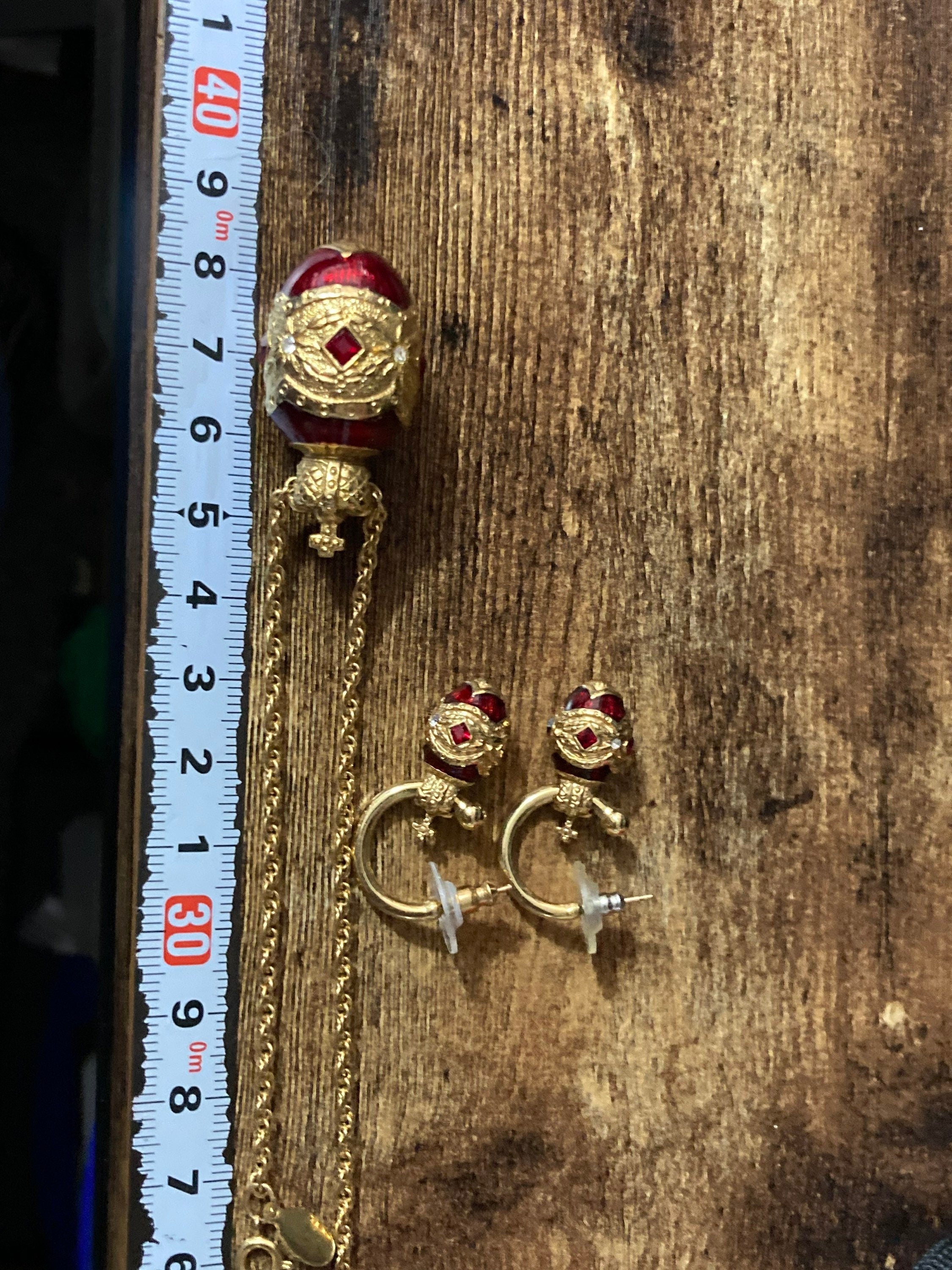 Joan rivers faberge inspired red enamel egg pendant necklace 70cm and pierced hoop earrings 3cm jewellery set
