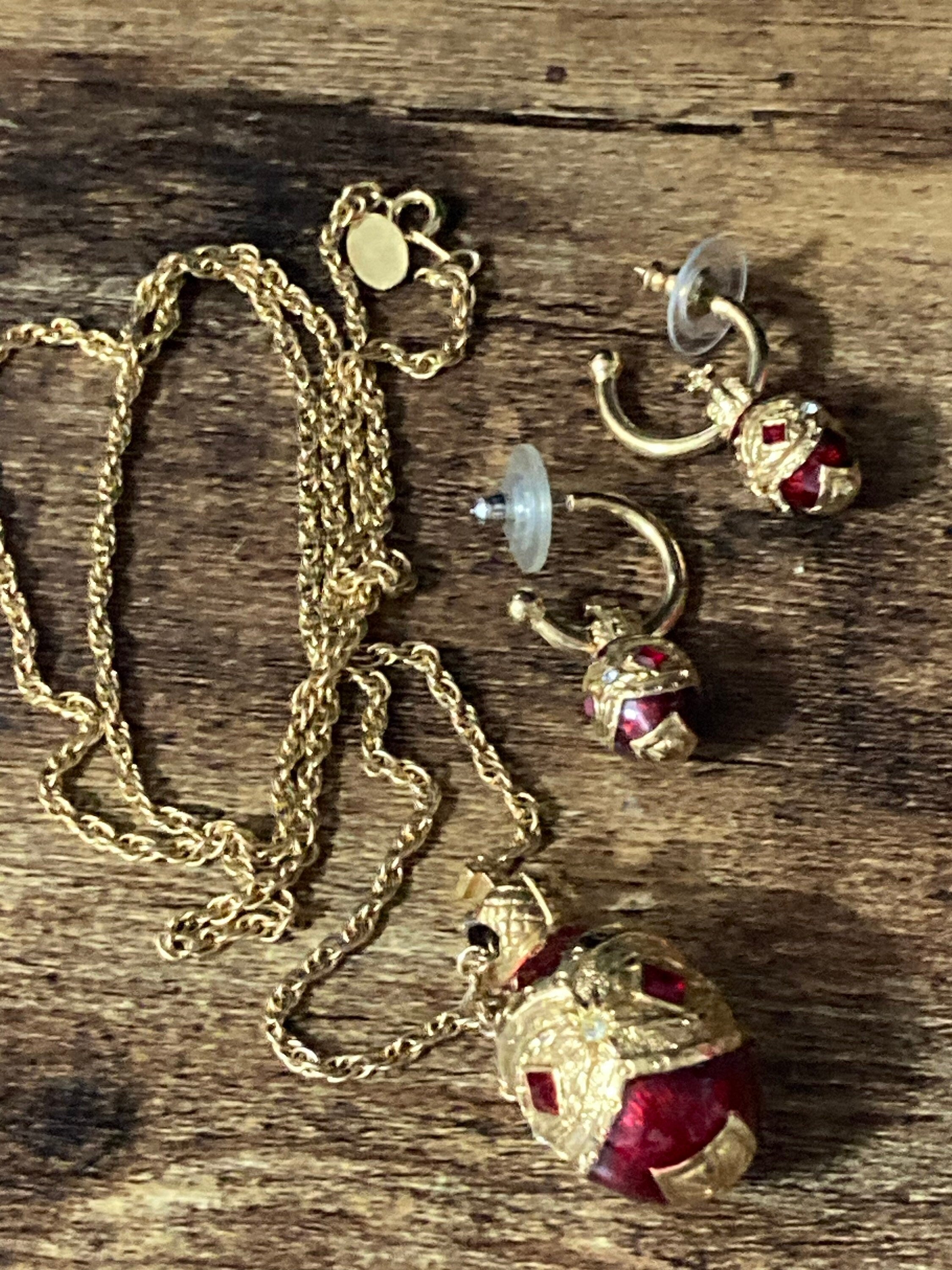 Joan rivers faberge inspired red enamel egg pendant necklace 70cm and pierced hoop earrings 3cm jewellery set