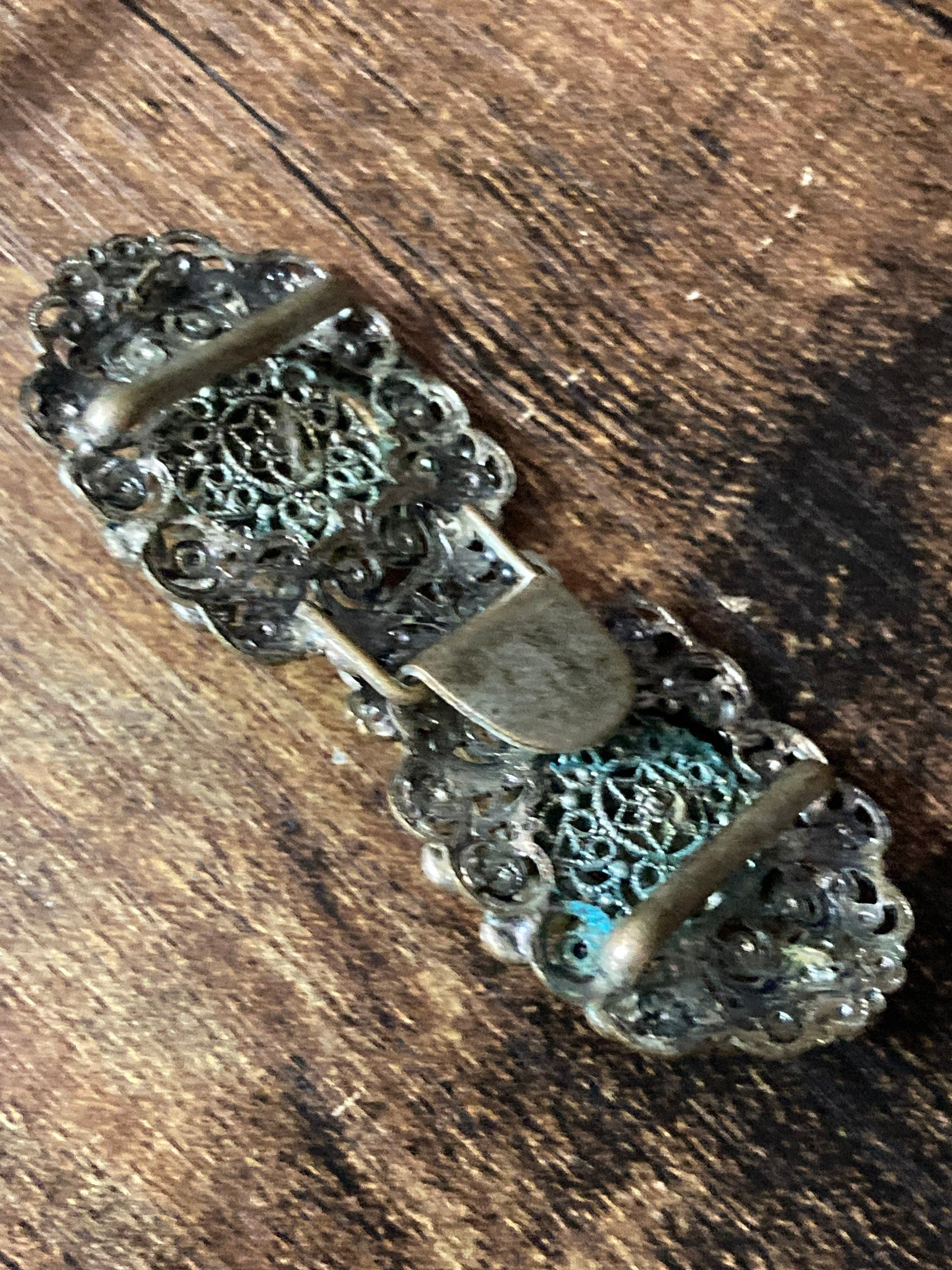 2 part pearl paste diamanté belt buckle Czech brass filigree Art deco